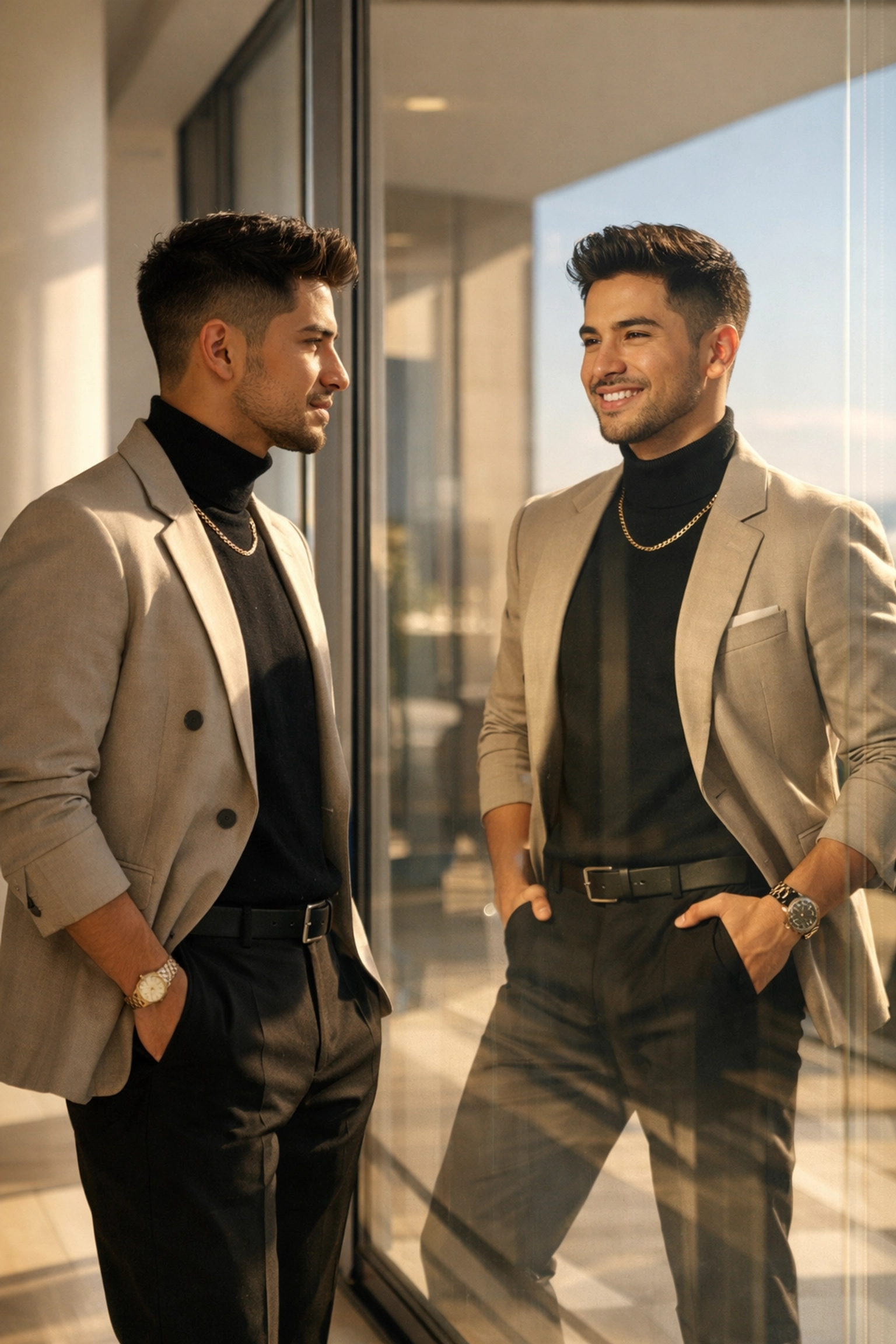 A professional gay man reflecting on his identity and queer leadership potential in a modern office setting.