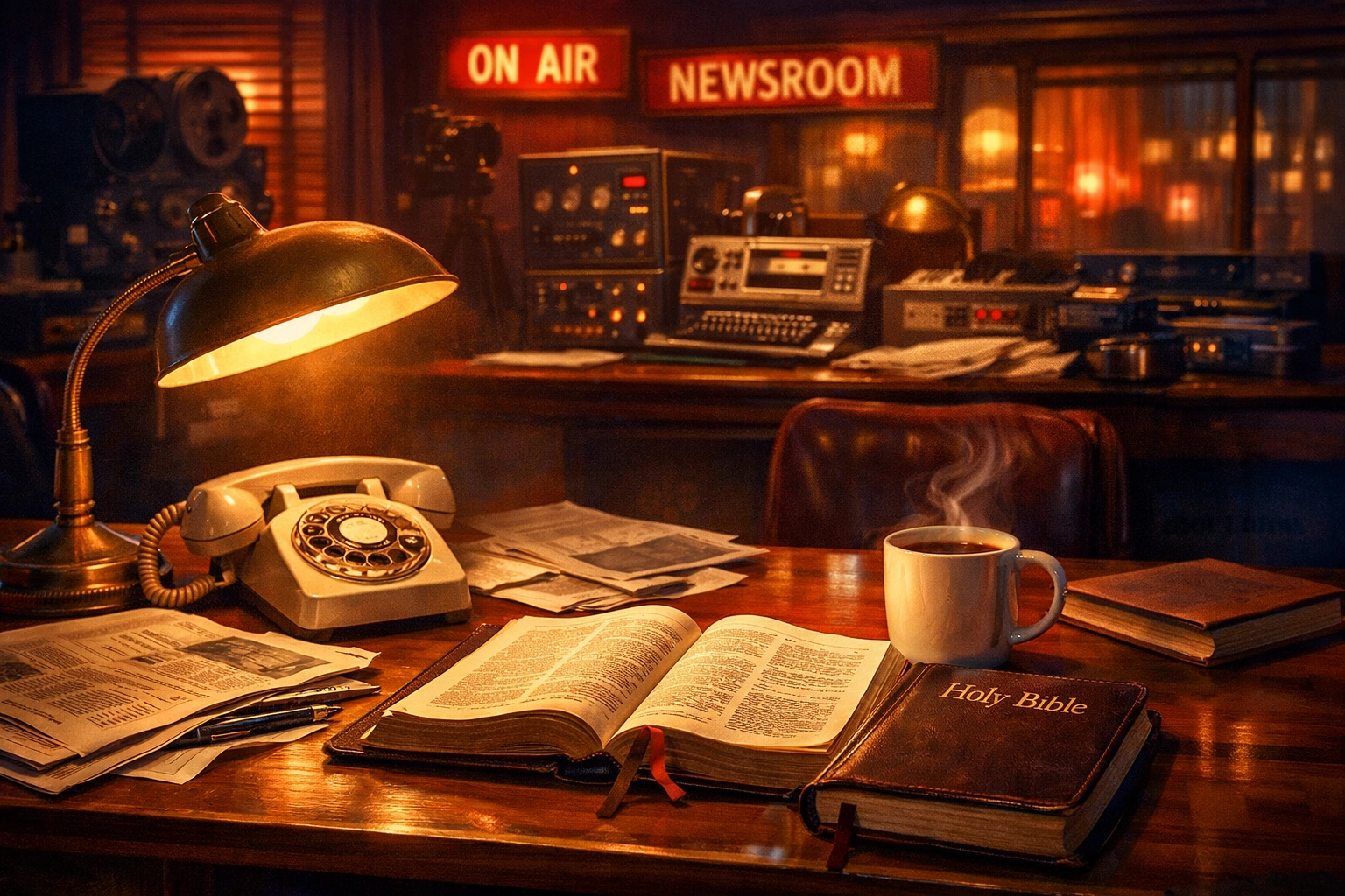 Newsroom desk with open Bible and coffee representing faith-based evening news analysis