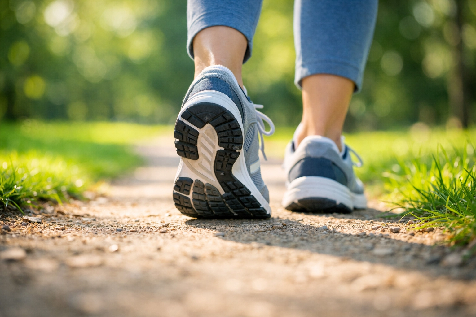 A midday walk on a sun-dappled park path to maintain grounding routines and reduce news-related stress.