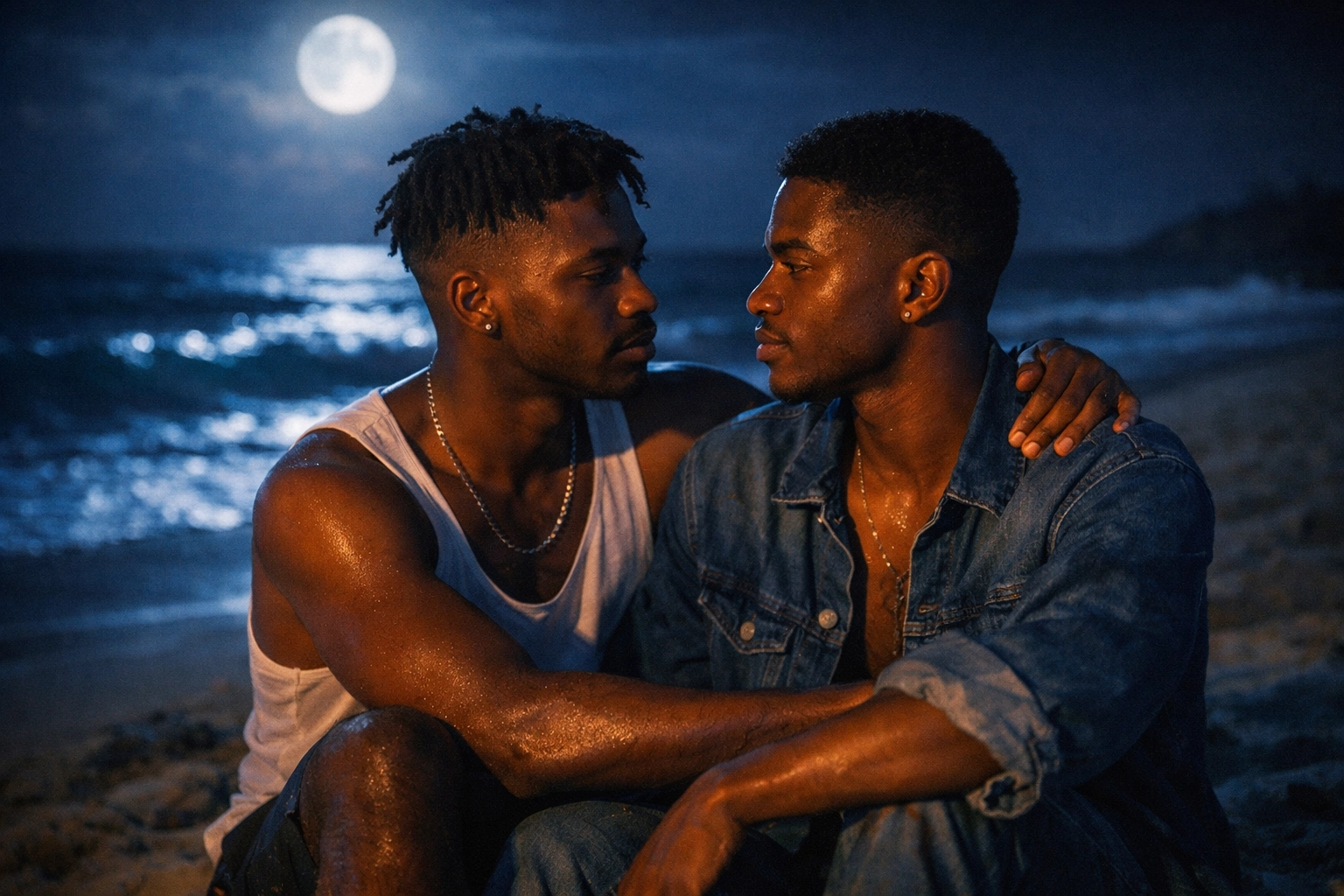 Chiron and Kevin share intimate moment on moonlit beach in Moonlight film