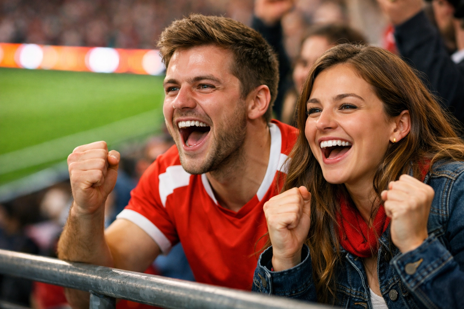 Enthusiastic sports fans cheering at a game with vibrant LED perimeter advertising in the background.