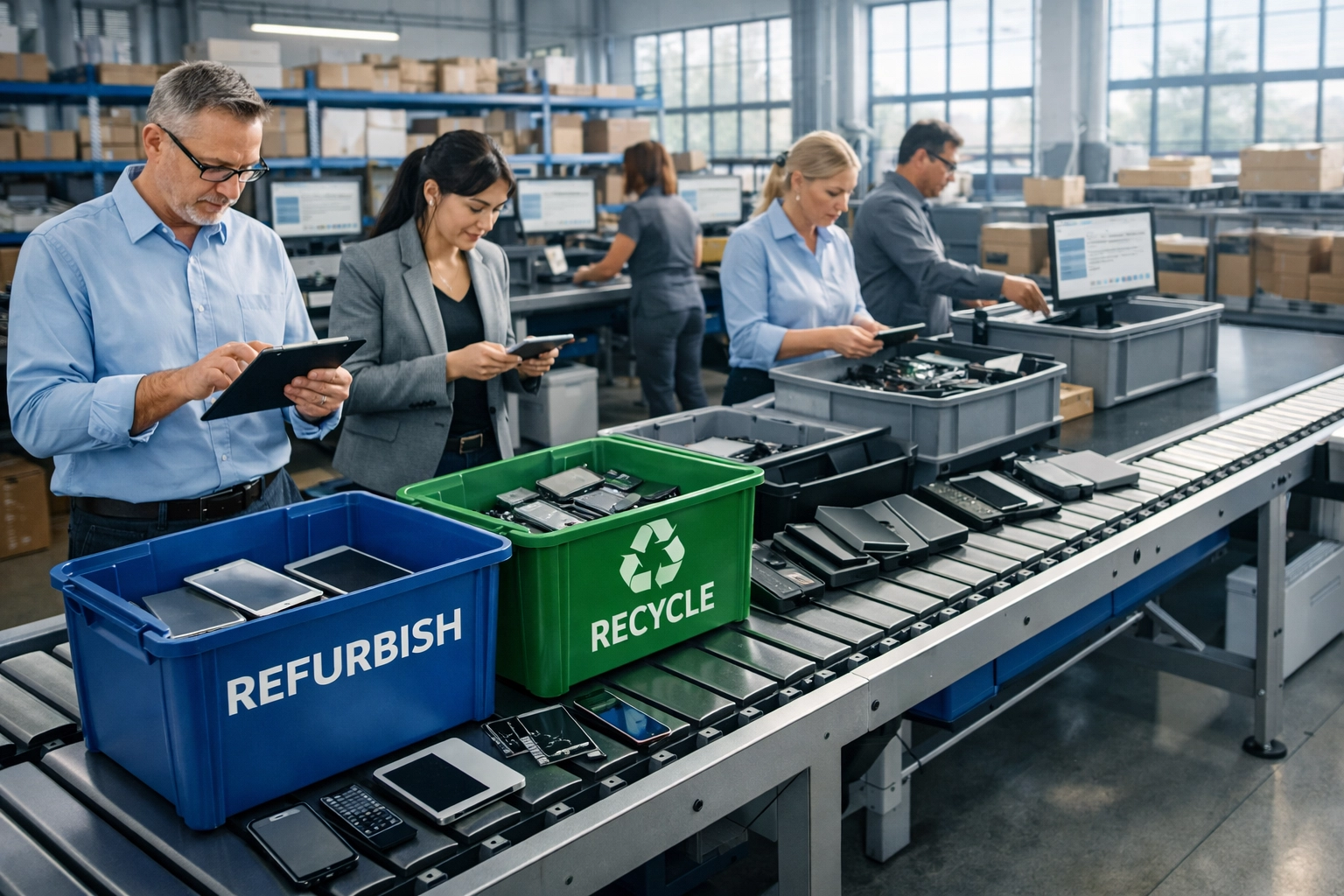 Warehouse workers sorting returned electronics for recycling and refurbishment in reverse logistics facility