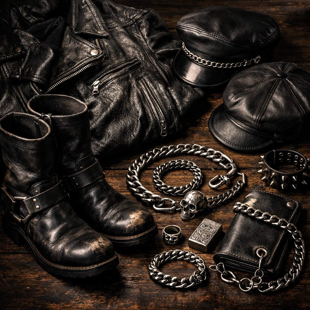 Classic leather gear including jackets, boots, and accessories representing Eagle bar culture