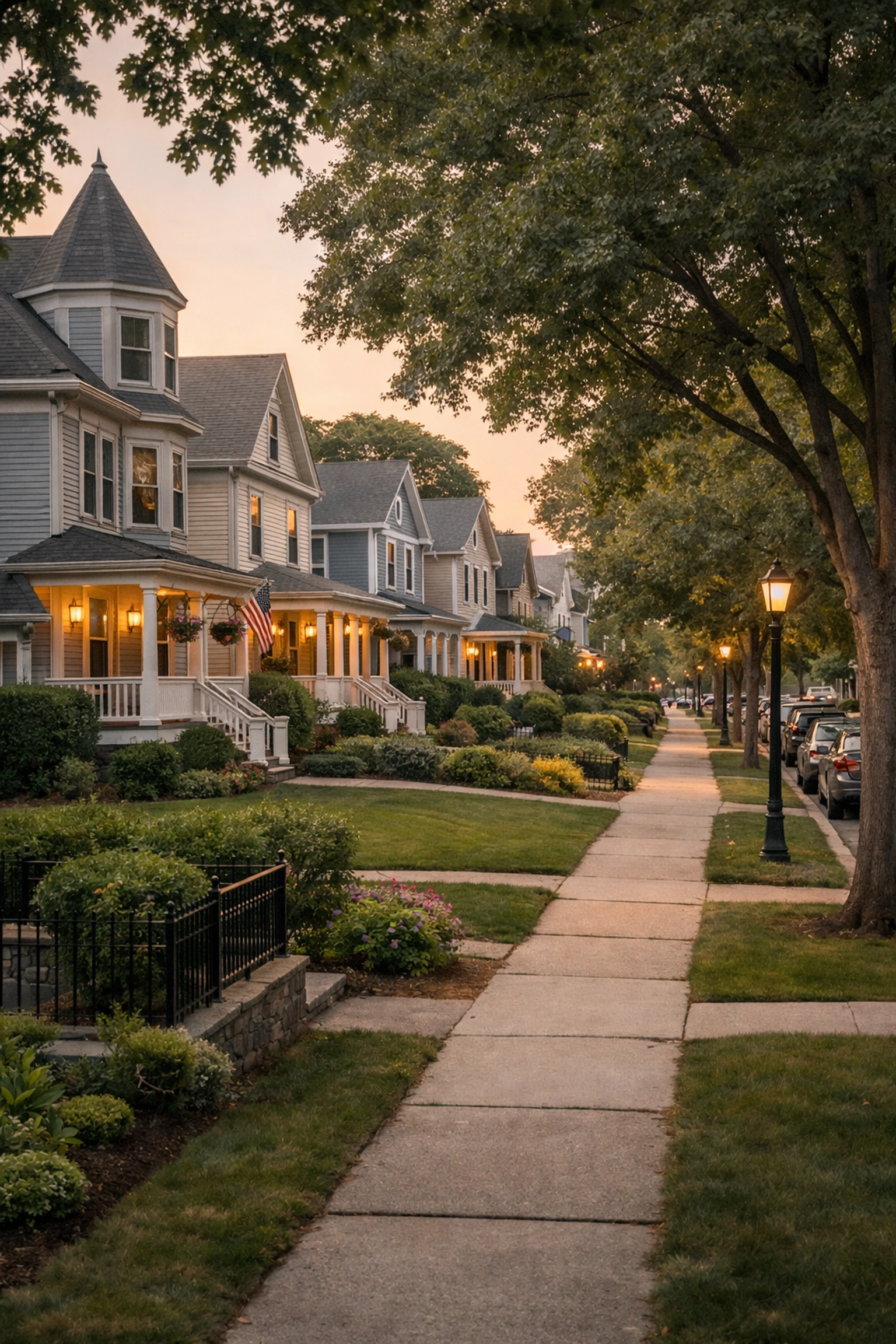 Tree-lined Medford MA neighborhood with Victorian and Colonial homes for sale