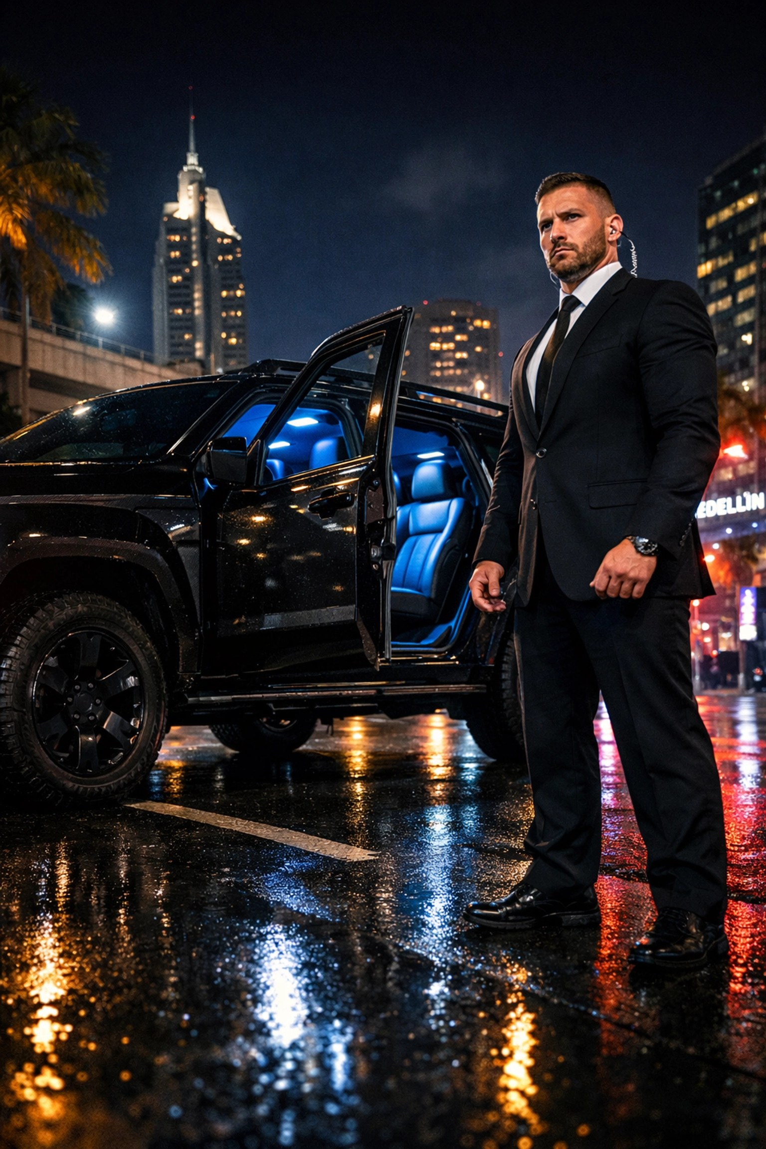 911 Medellin security driver with an armored SUV providing professional secure transport in the city at night.