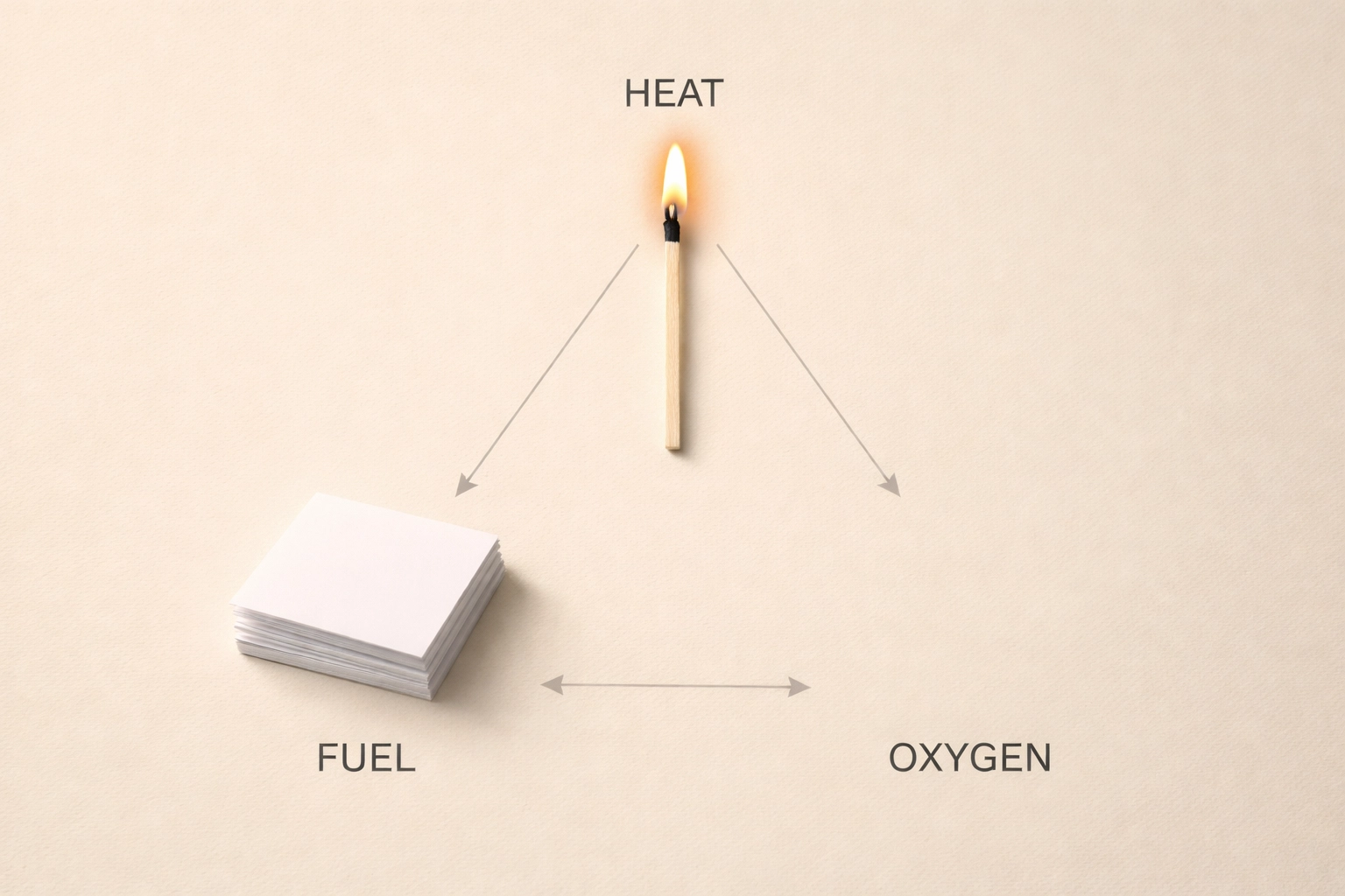 The fire triangle illustrated with a match, paper, and empty space representing fire prevention basics.