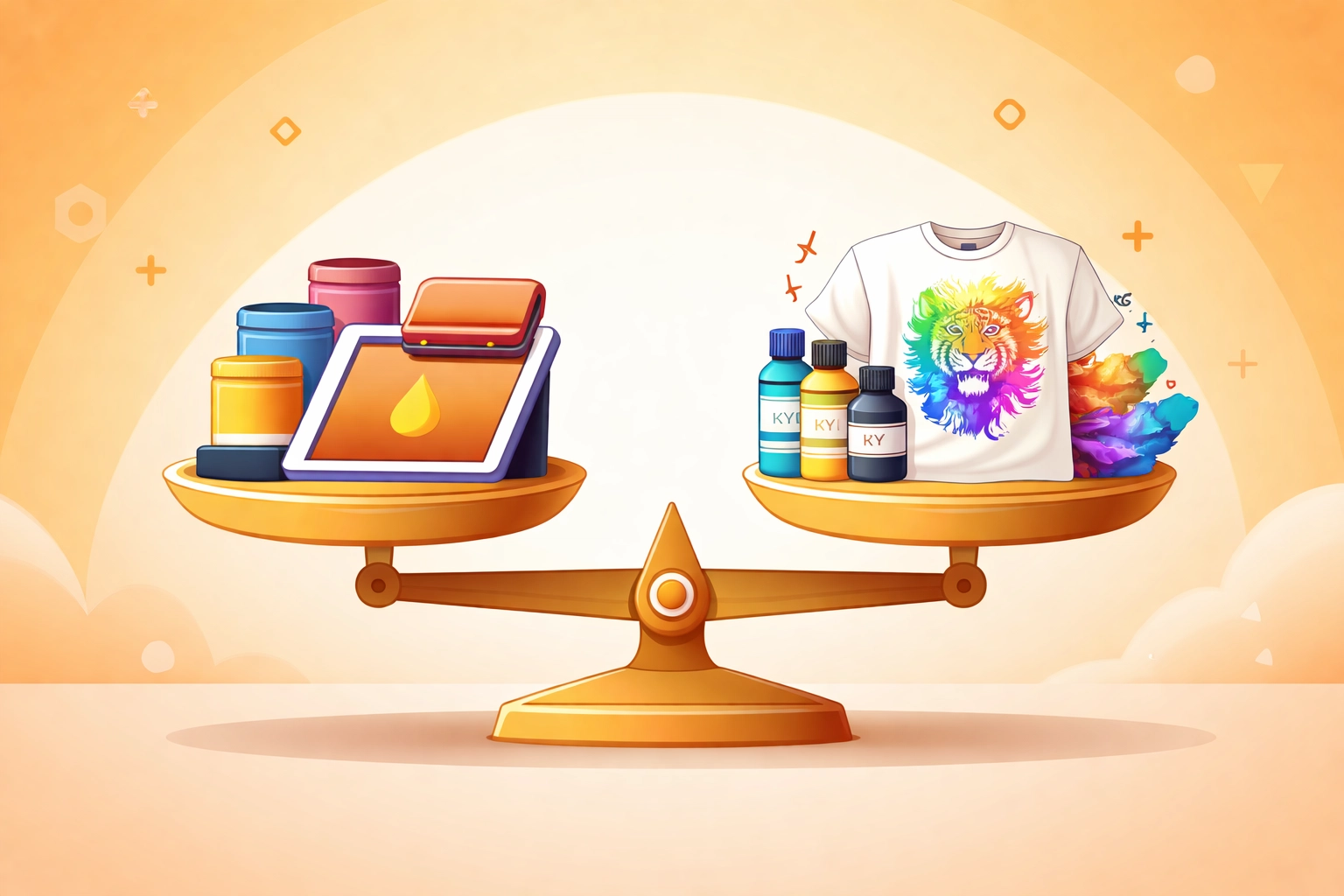 Balanced scale representing decision between screen printing and DTG options for apparel businesses