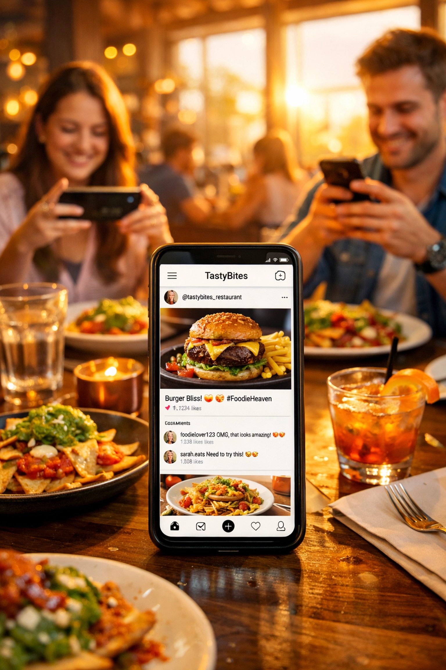 Diners photographing restaurant food and sharing on social media
