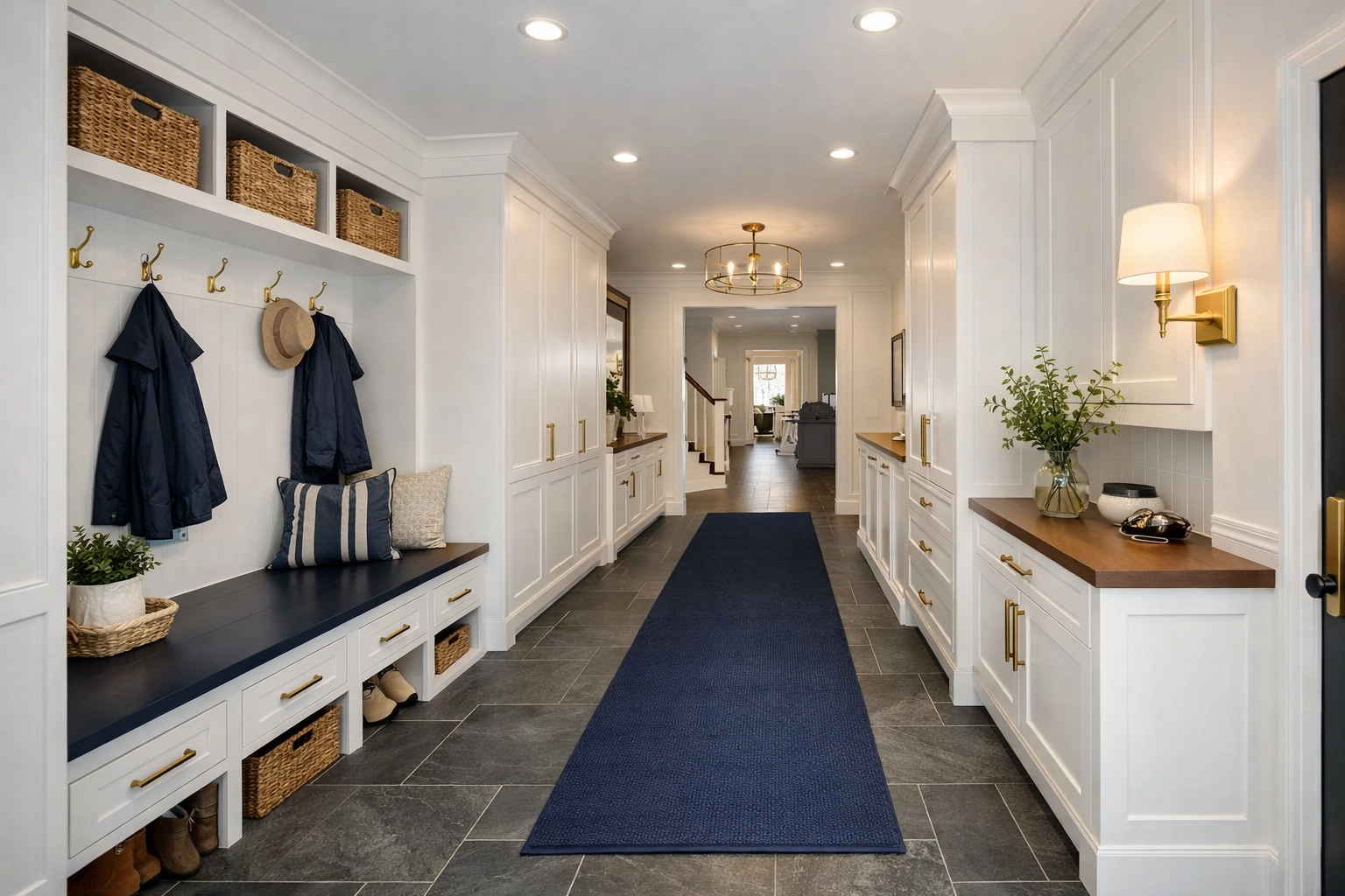 Impeccably clean modern mudroom with slate tiles in a Westwood home, protected from winter salt and grit.