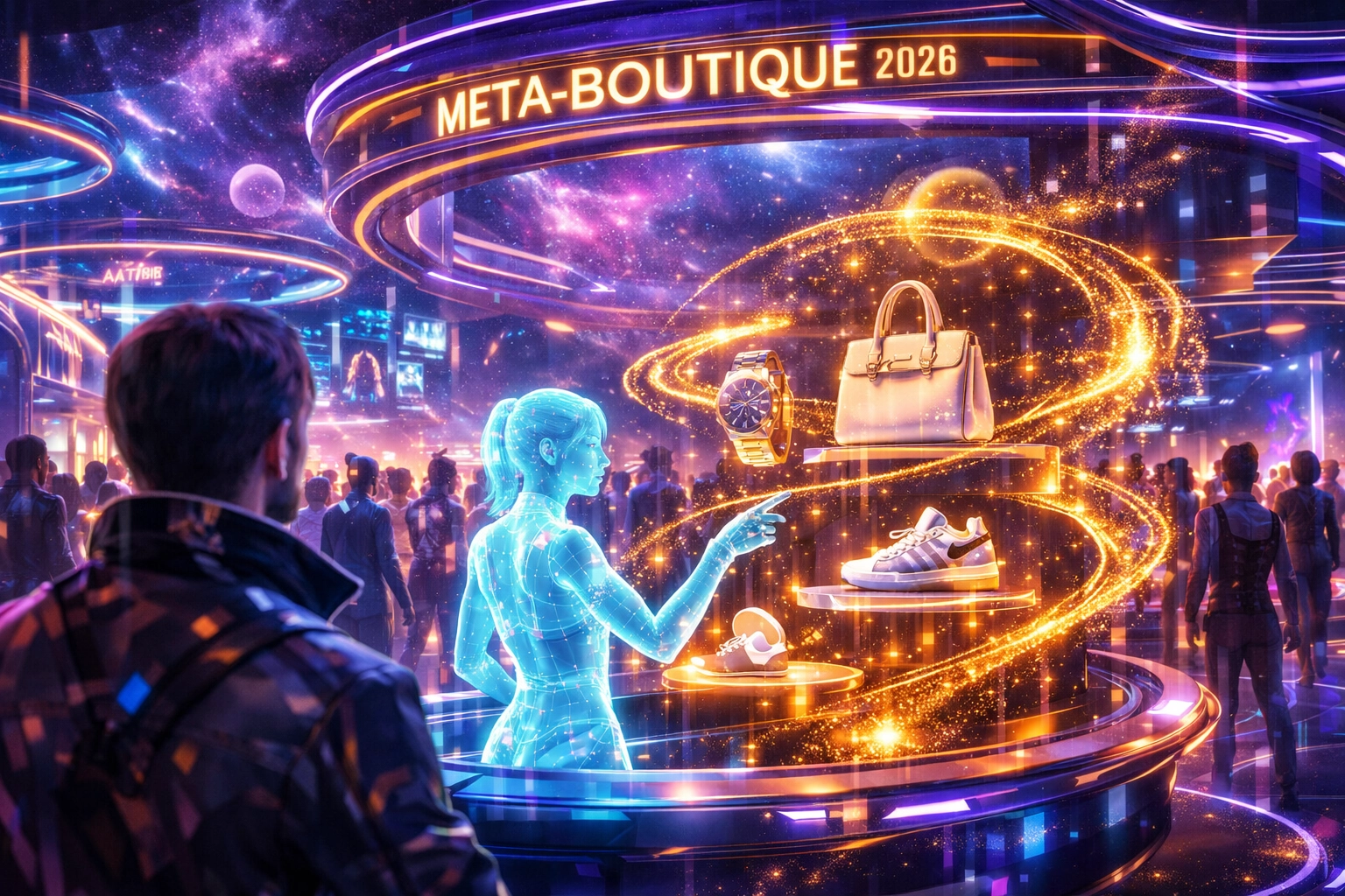 Futuristic Web3 global payments in an AI-curated store featuring NFT receipts for digital commerce.