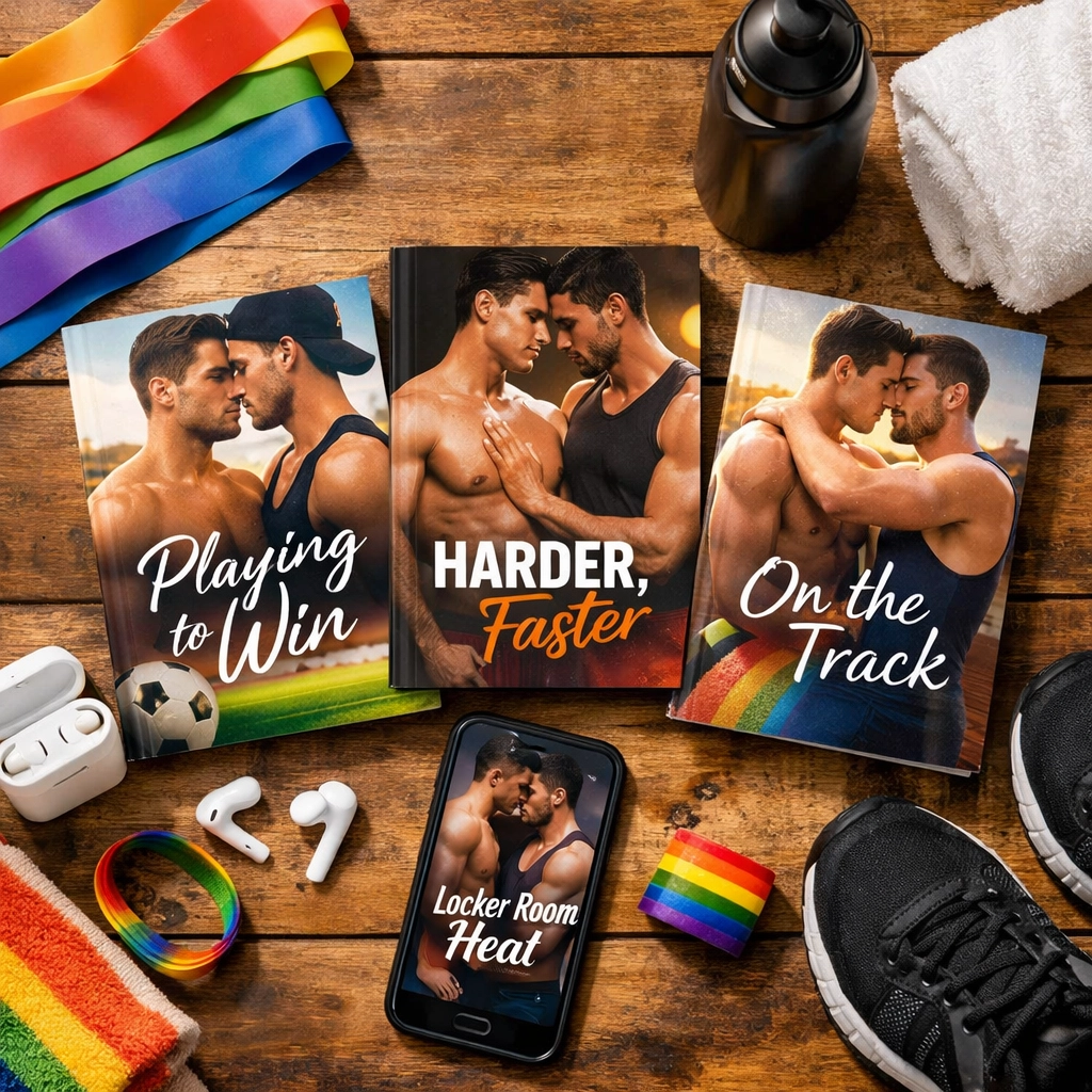 MM romance books with athletic themes and gym accessories for LGBTQ+ readers