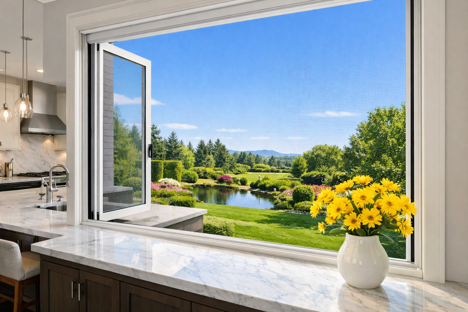 Sparkling clean window screen in a bright modern kitchen providing clear views and fresh air.