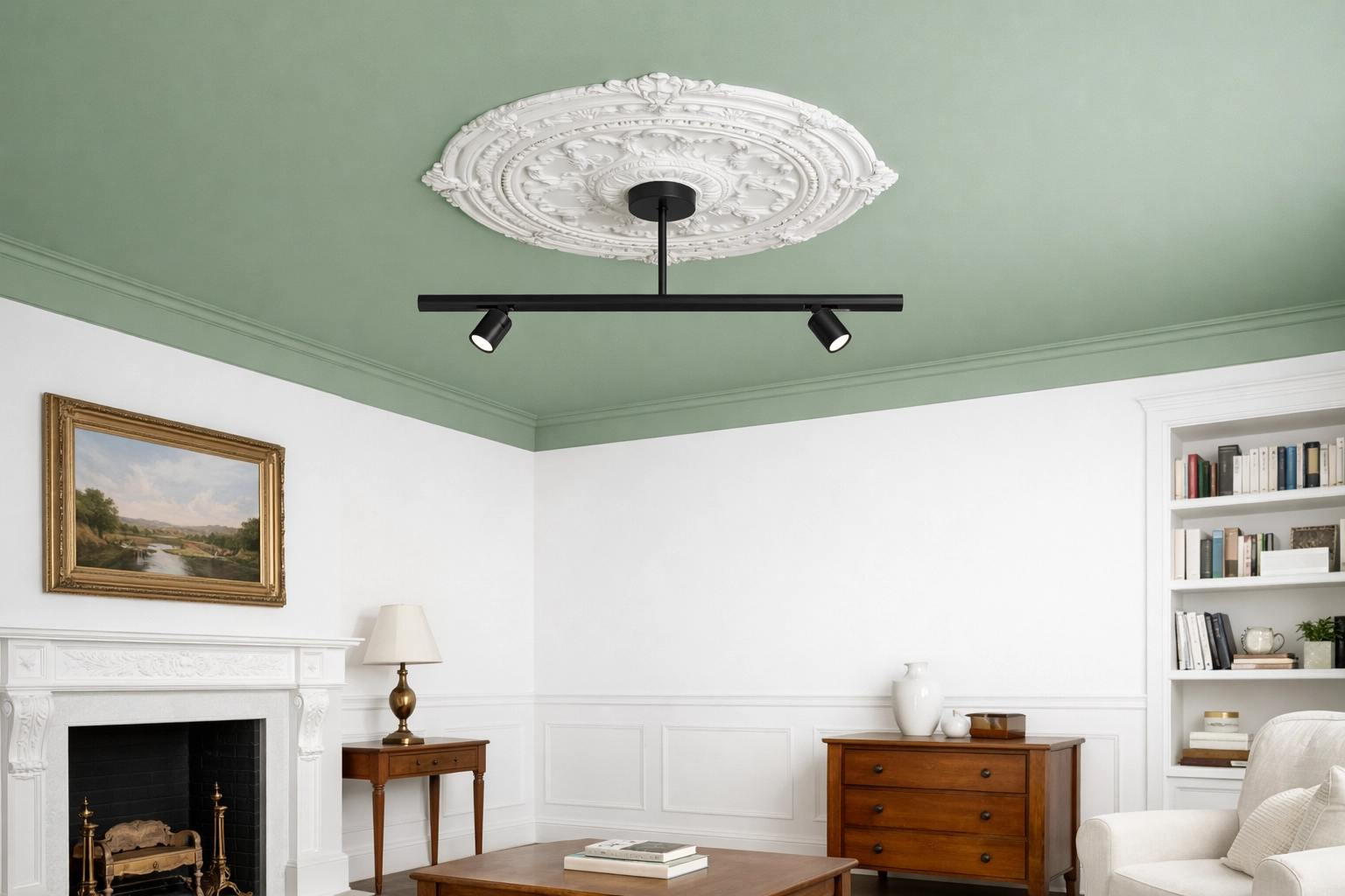 Modern colour capping trend with sage green ceiling and traditional Victorian coving.