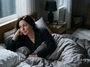 A woman lies awake in bed, illustrating the sleep disturbance and emotional distress common in burnout and mood disorders.