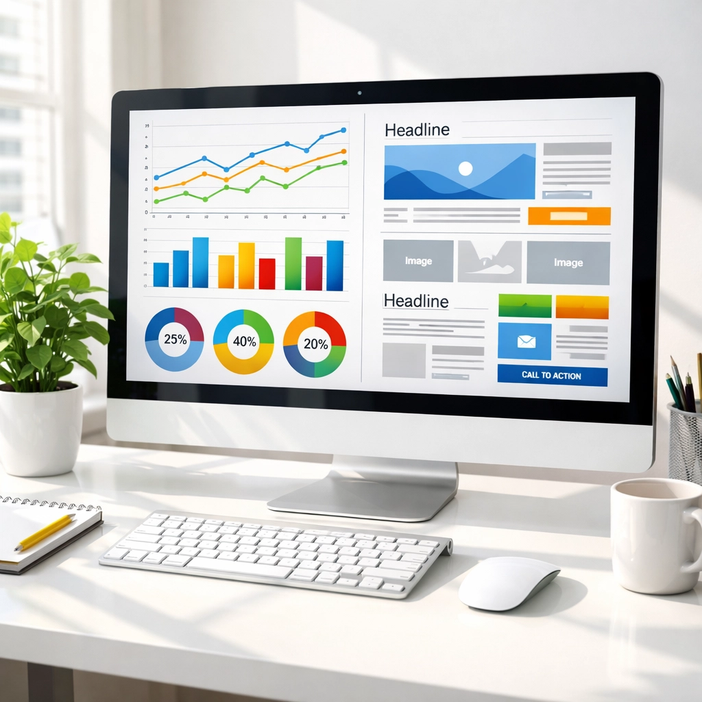 Web development workspace showing website design wireframes and analytics dashboard