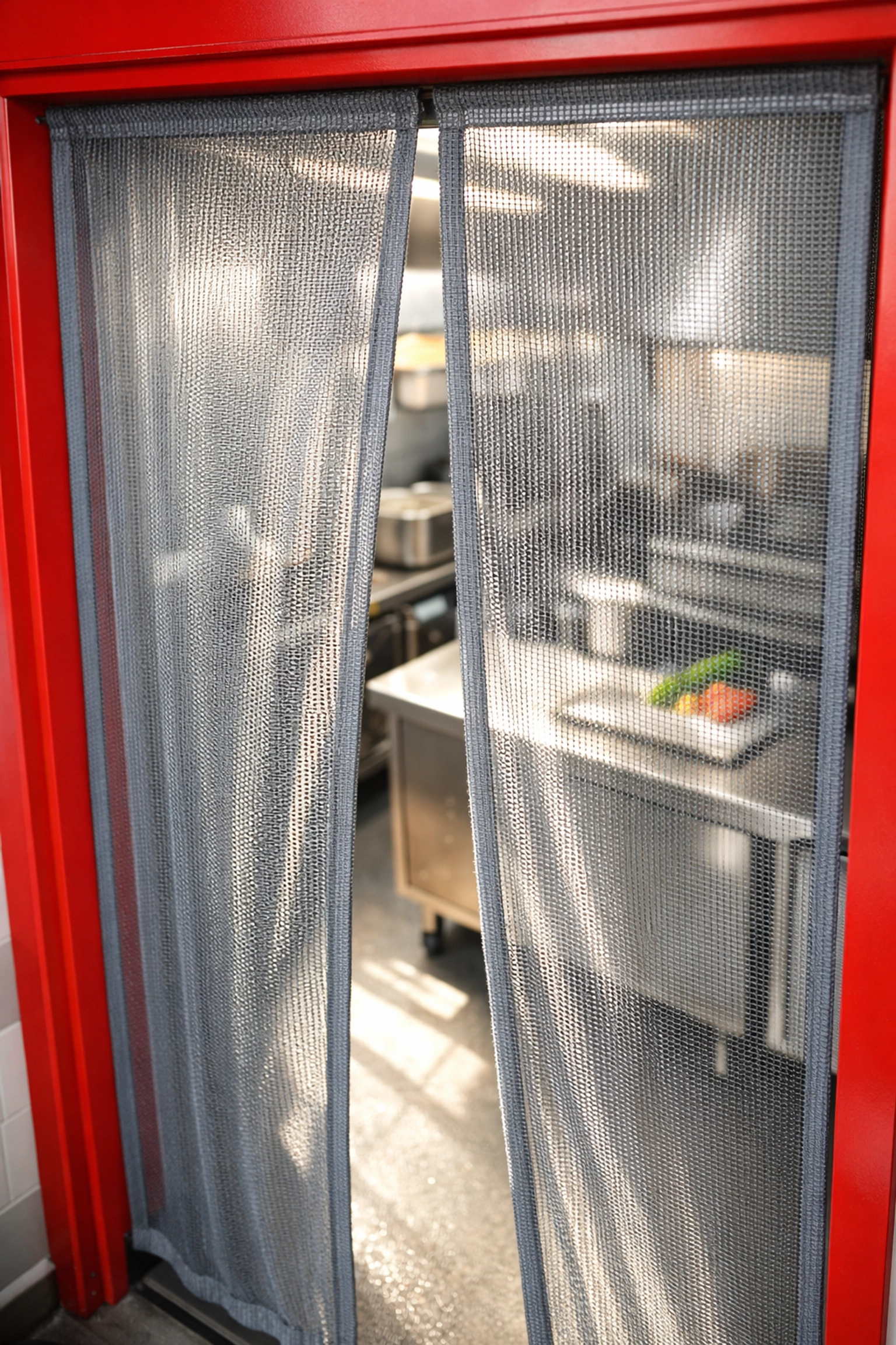 Flymesh curtains installed in a commercial kitchen doorway for summer insect protection and airflow.