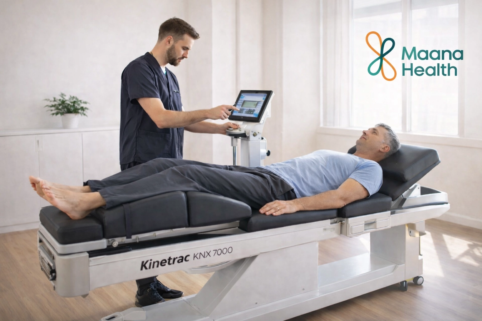 The Kinetrac KNX-7000 table in use at Maana Health, supporting non-surgical nerve and spinal health as part of stroke rehabilitation.
