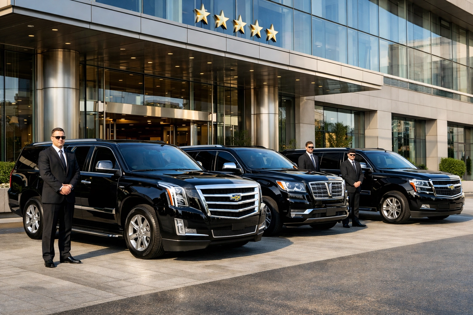 Luxury SUV fleet with private chauffeurs at a high-end hotel for Super Bowl corporate travel management.