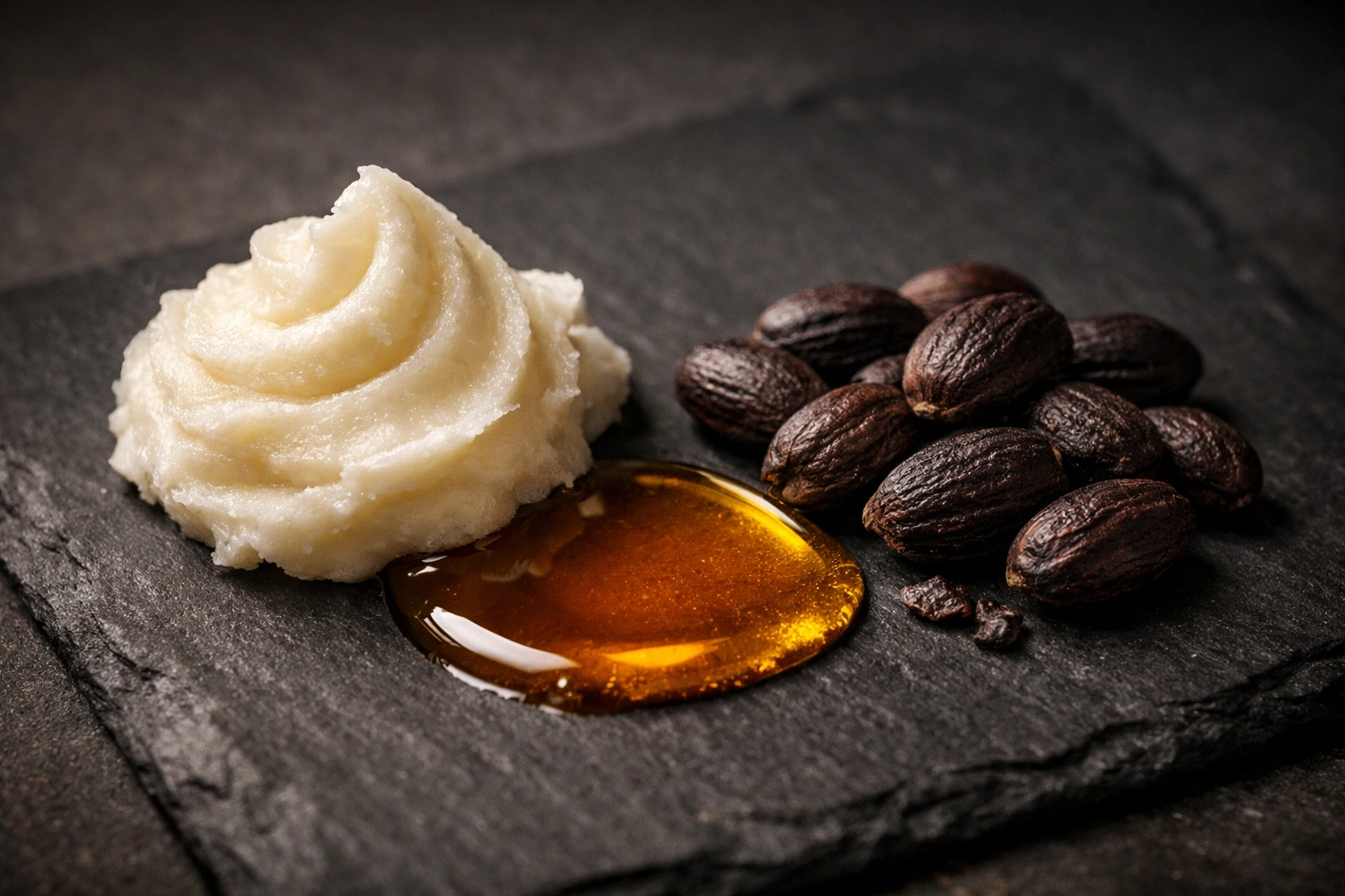 Botanical ingredients like shea butter and argan oil used for skin-safe beard conditioning.
