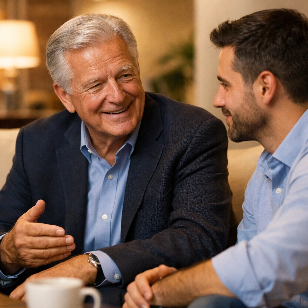 Senior mentor guiding a young professional in agency knowledge transfer and skill building.