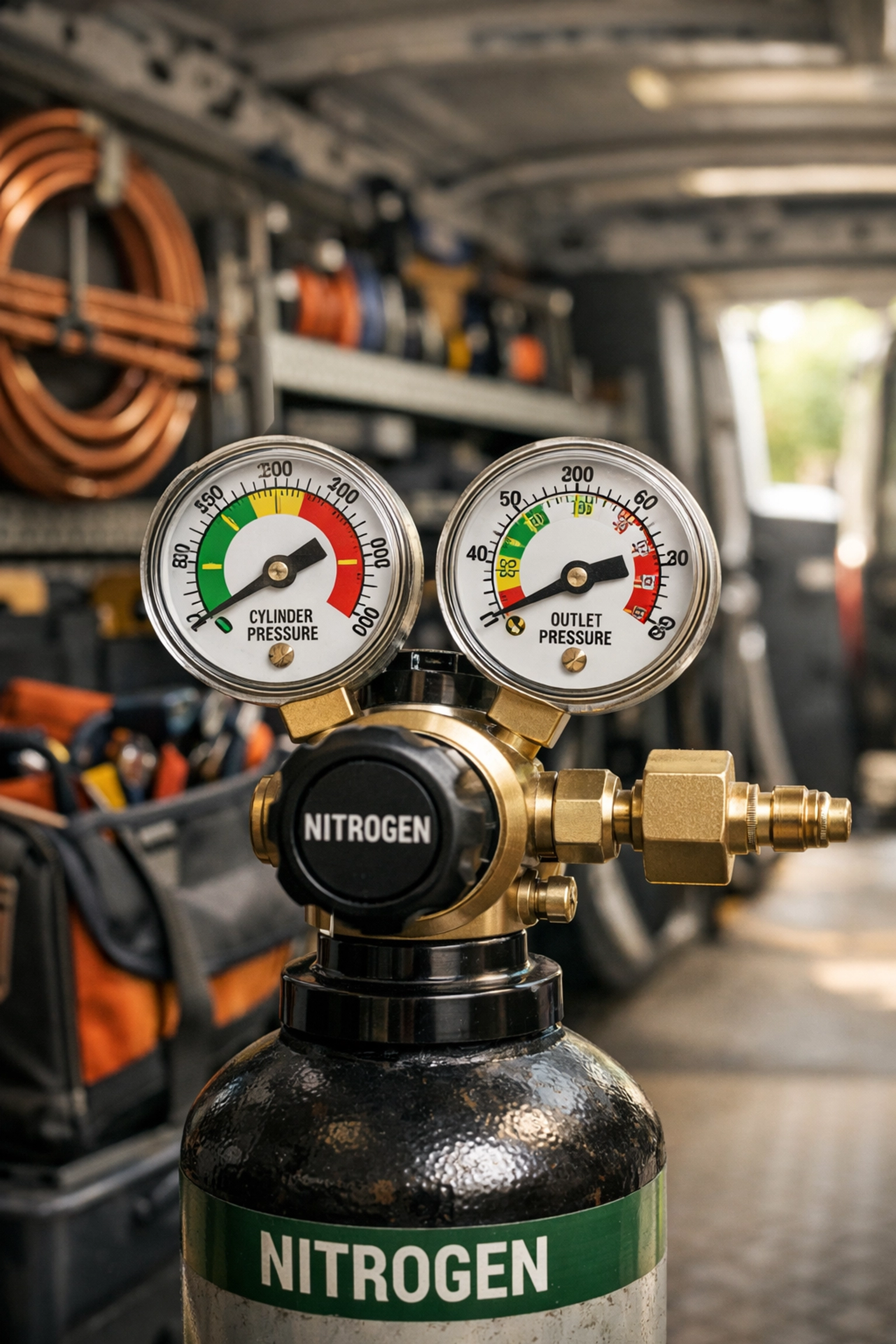 Professional nitrogen regulator and cylinder in HVAC engineer's van for air conditioning work