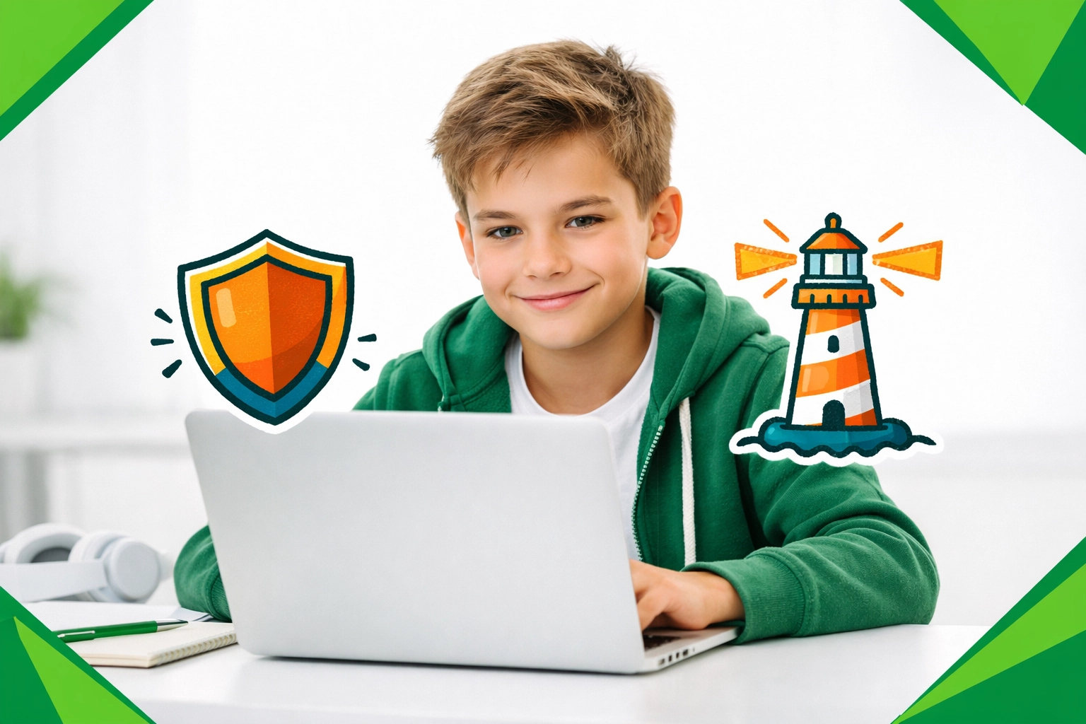 A confident boy using a laptop safely, illustrating digital leadership and online protection for children.