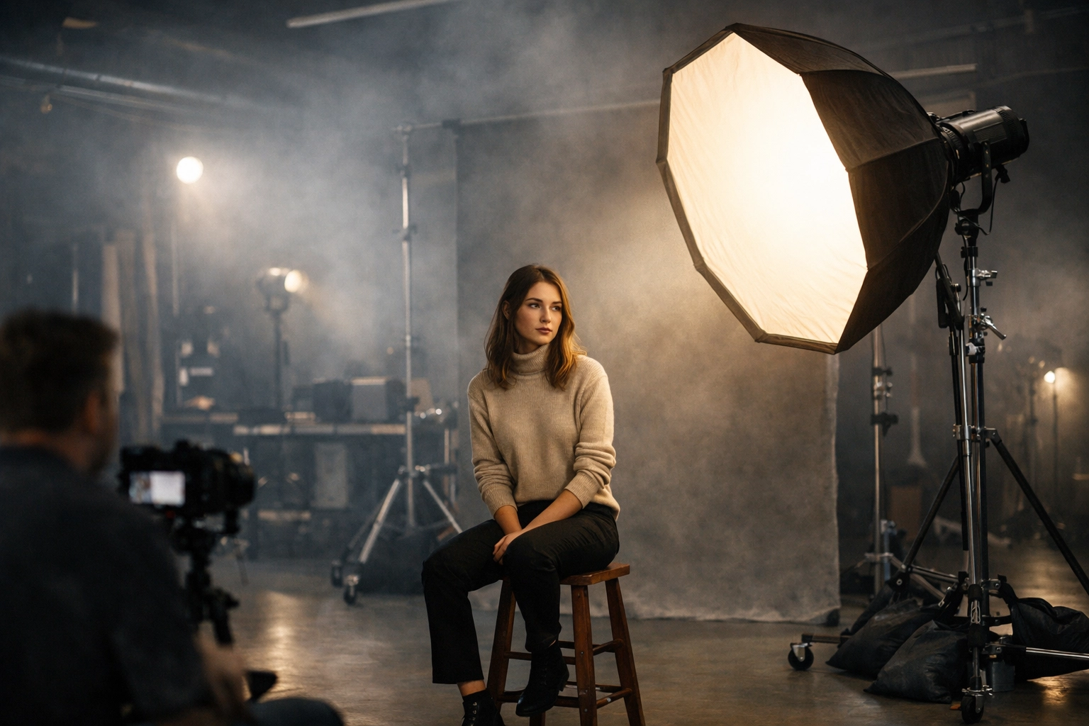 Studio portrait lighting setup featuring a softbox and model from advanced photography tutorials.