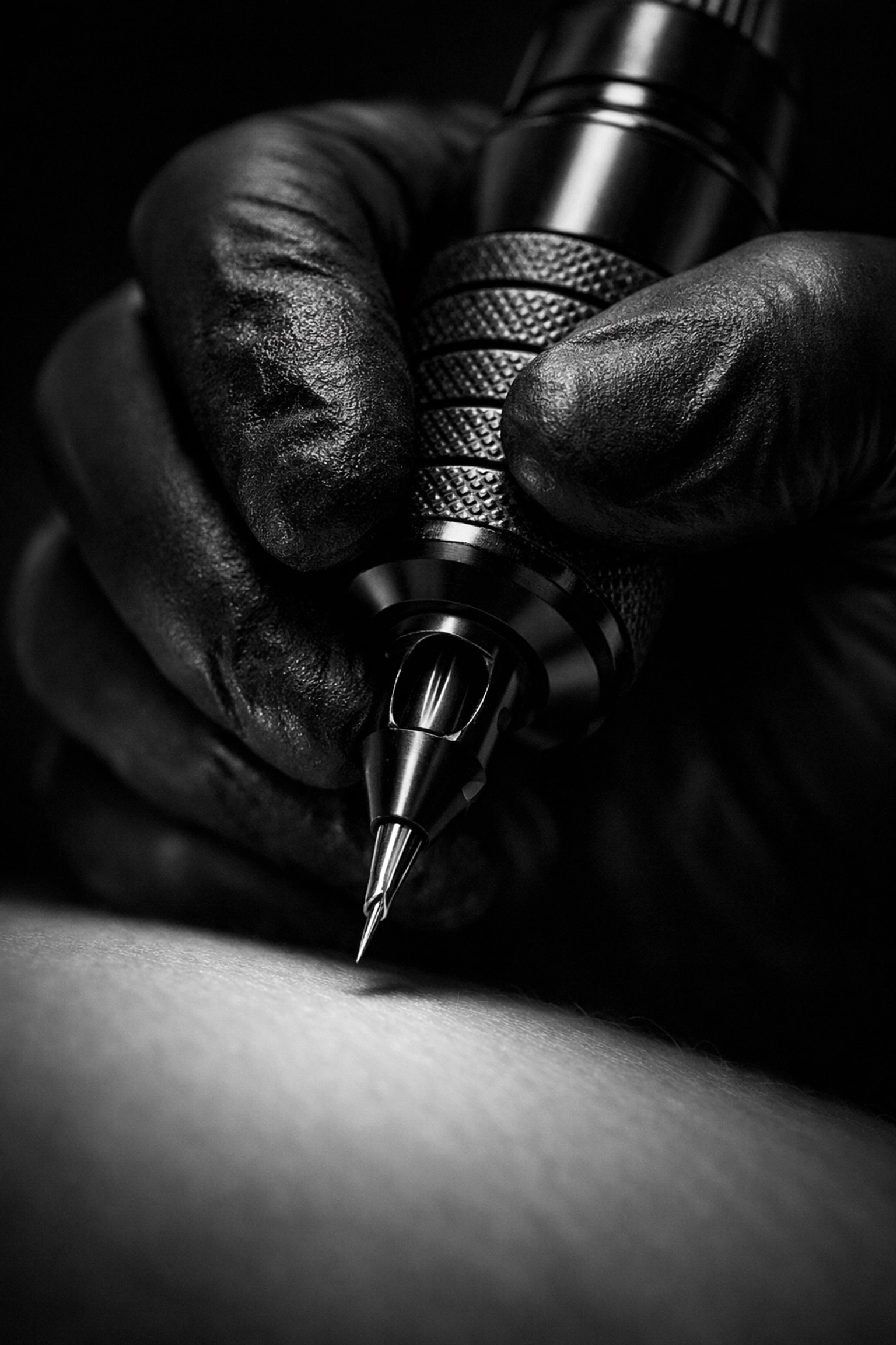 Close-up of a precision fine line tattoo needle held by an artist at Cristian art Stefan studio.