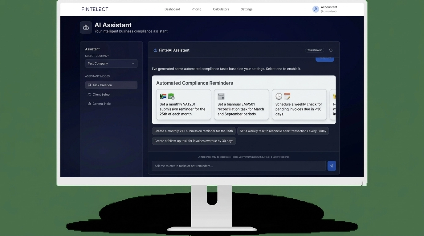 A high-fidelity digital interface displayed within a clean, three-dimensional mockup of a modern desktop monitor showing the FintelAI dashboard.
