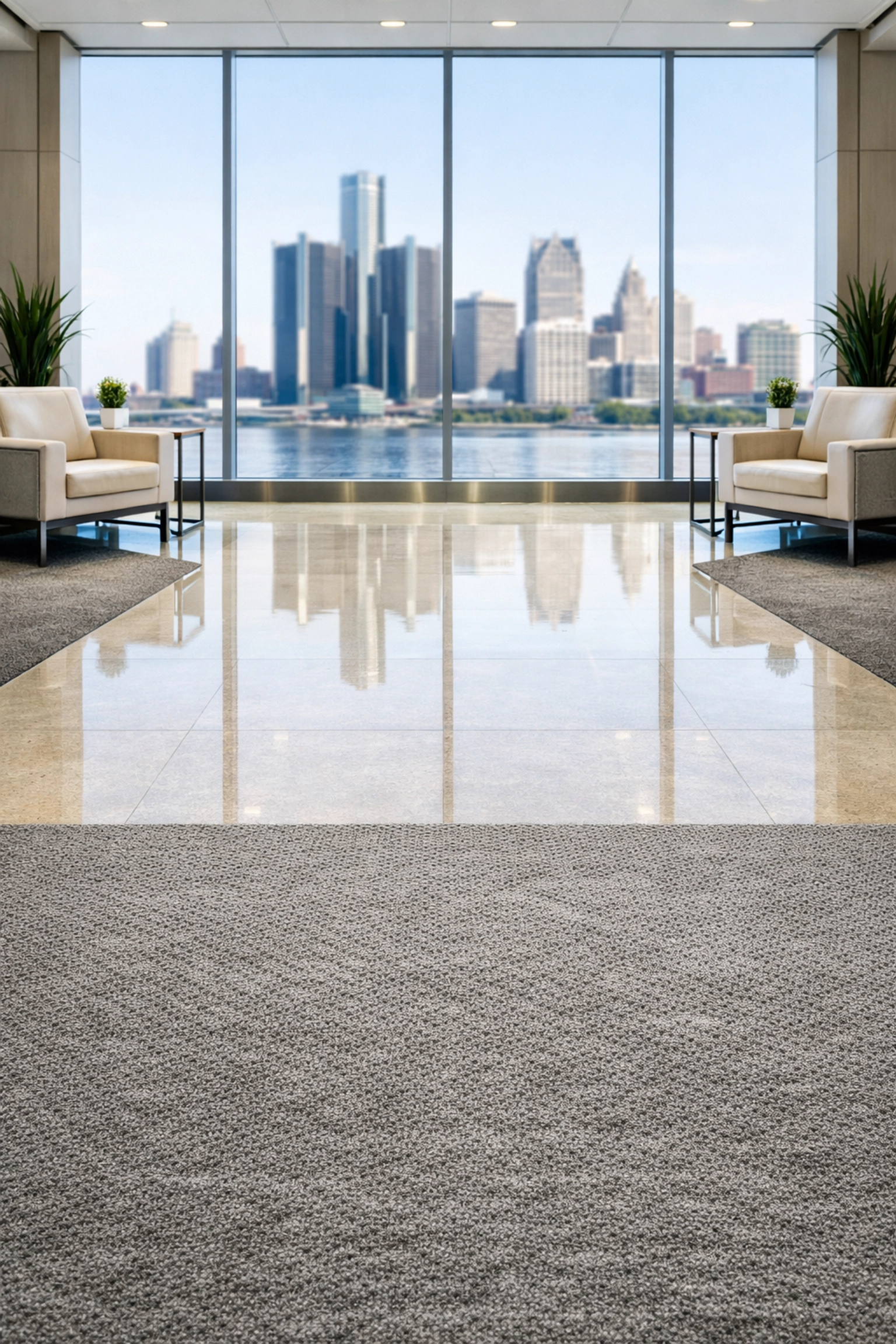 Spotless Detroit office flooring transition with commercial carpet and stone maintained by professional cleaners.