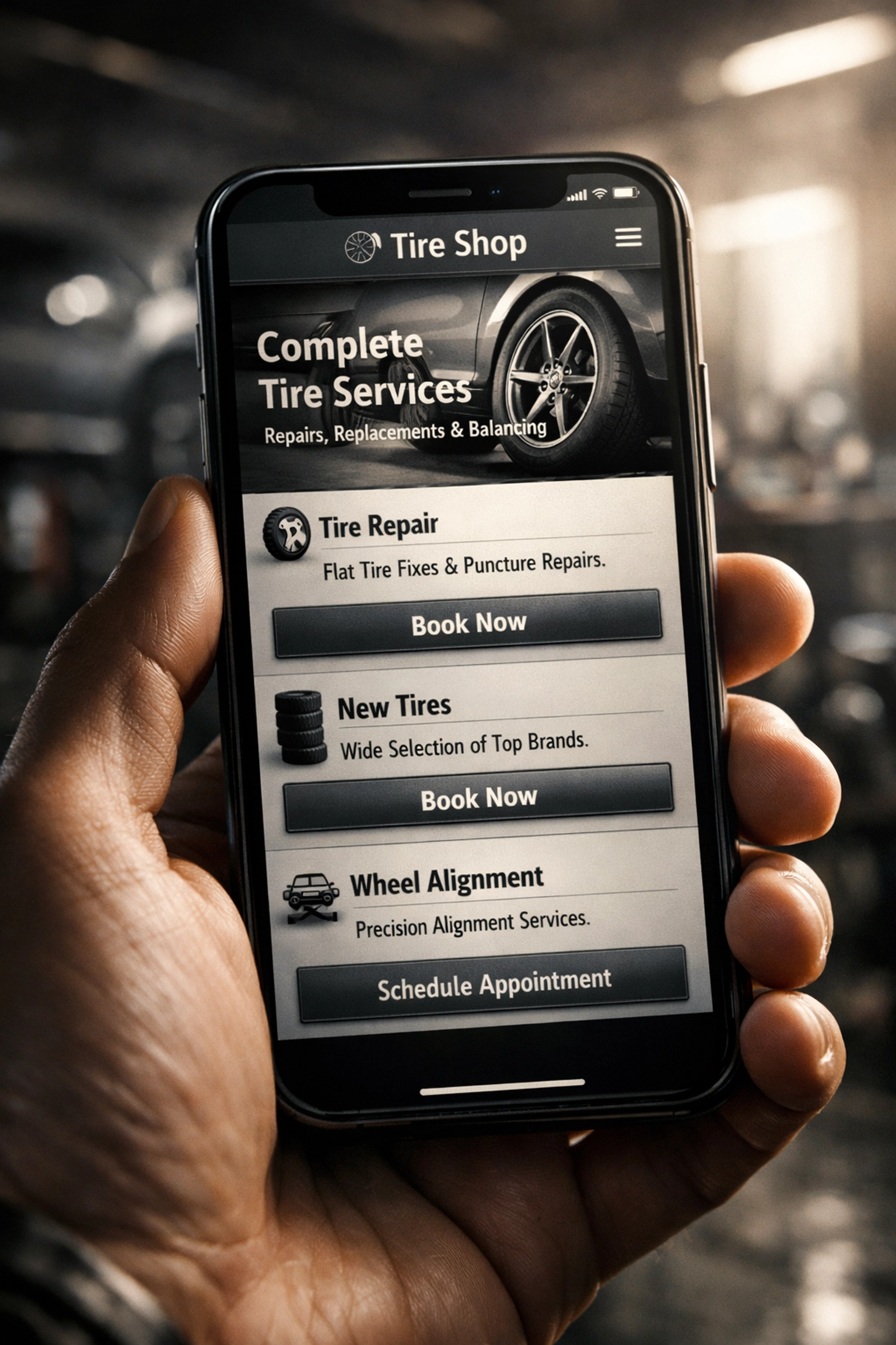 Mobile-friendly tire shop website on smartphone for easy customer booking