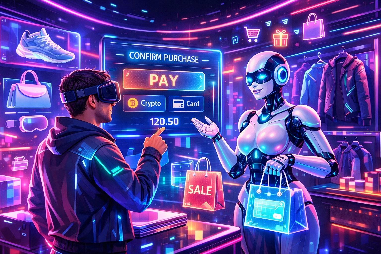 AI assistant helping customer shop in metaverse virtual store with crypto payment interface