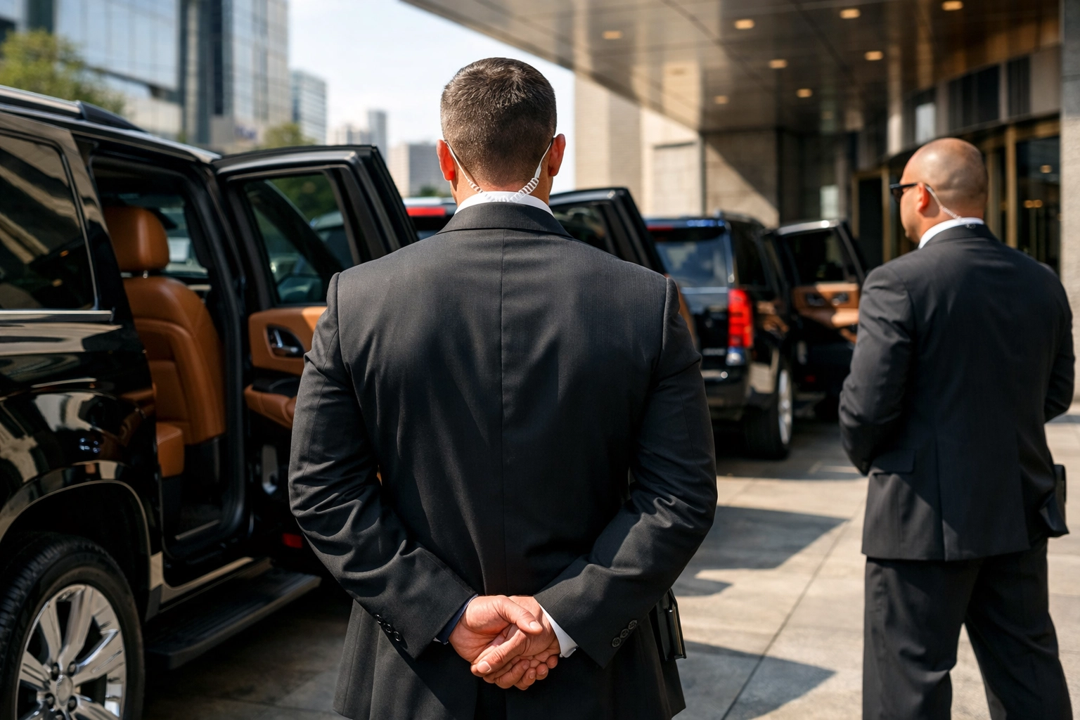 Professional security detail coordinating executive transportation with luxury SUVs