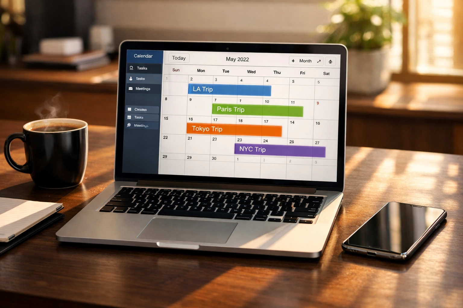 Business travel calendar showing advance bookings for corporate trip planning