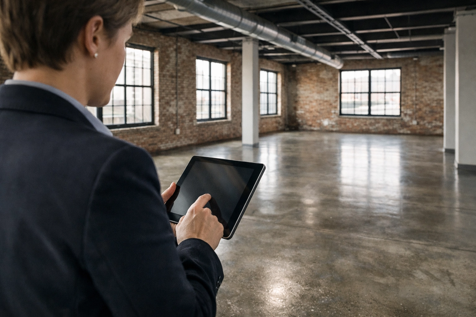 Property manager using a tablet for a digital walkthrough in an empty Detroit loft during a property turnover.