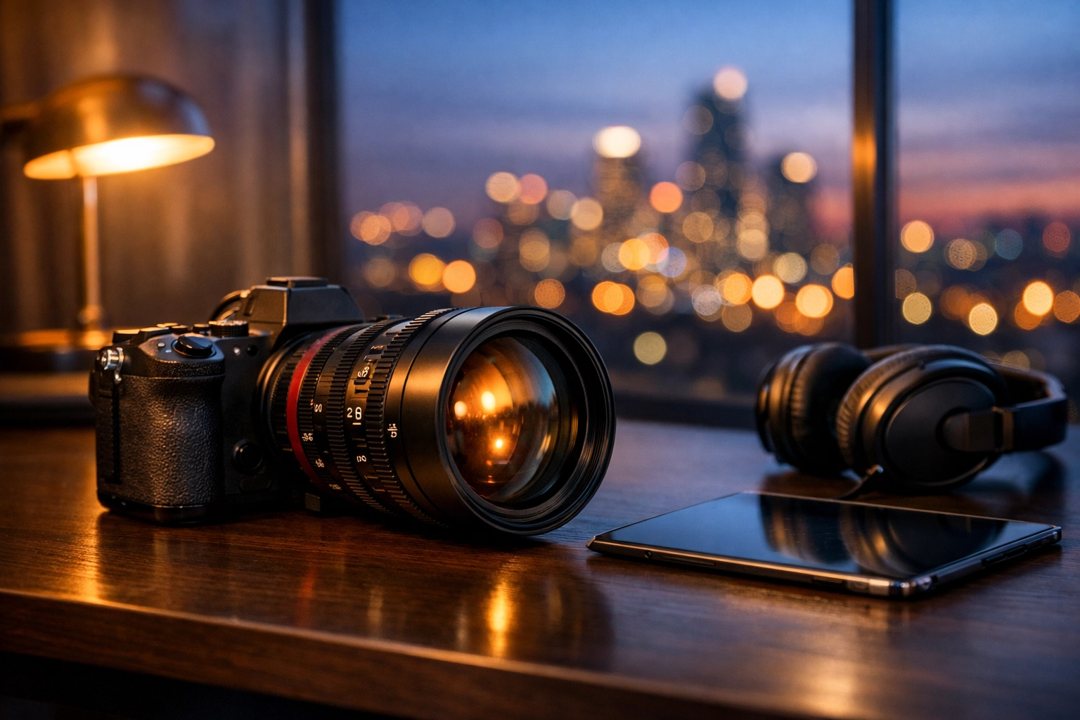 Professional camera gear on a desk, highlighting high-quality services for freelance creatives.