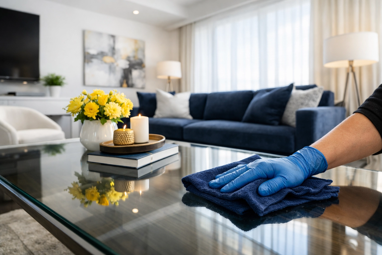 Professional cleaning hand wiping a glass table in a modern, eco-friendly living room.