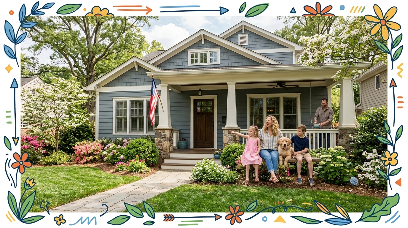 A bright professional lifestyle real estate image featuring a welcoming traditional craftsman home in Cobb County with spring curb appeal, natural light, and playful hand-drawn colorful frame accents A bright professional lifestyle real estate image featuring a welcoming traditional craftsman home in Cobb County with spring curb appeal, natural light, and playful hand-drawn colorful frame accents