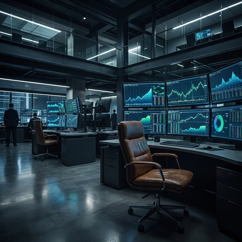 Professional trading floor with digital market charts, highlighting hedge fund and equity long/short strategies.