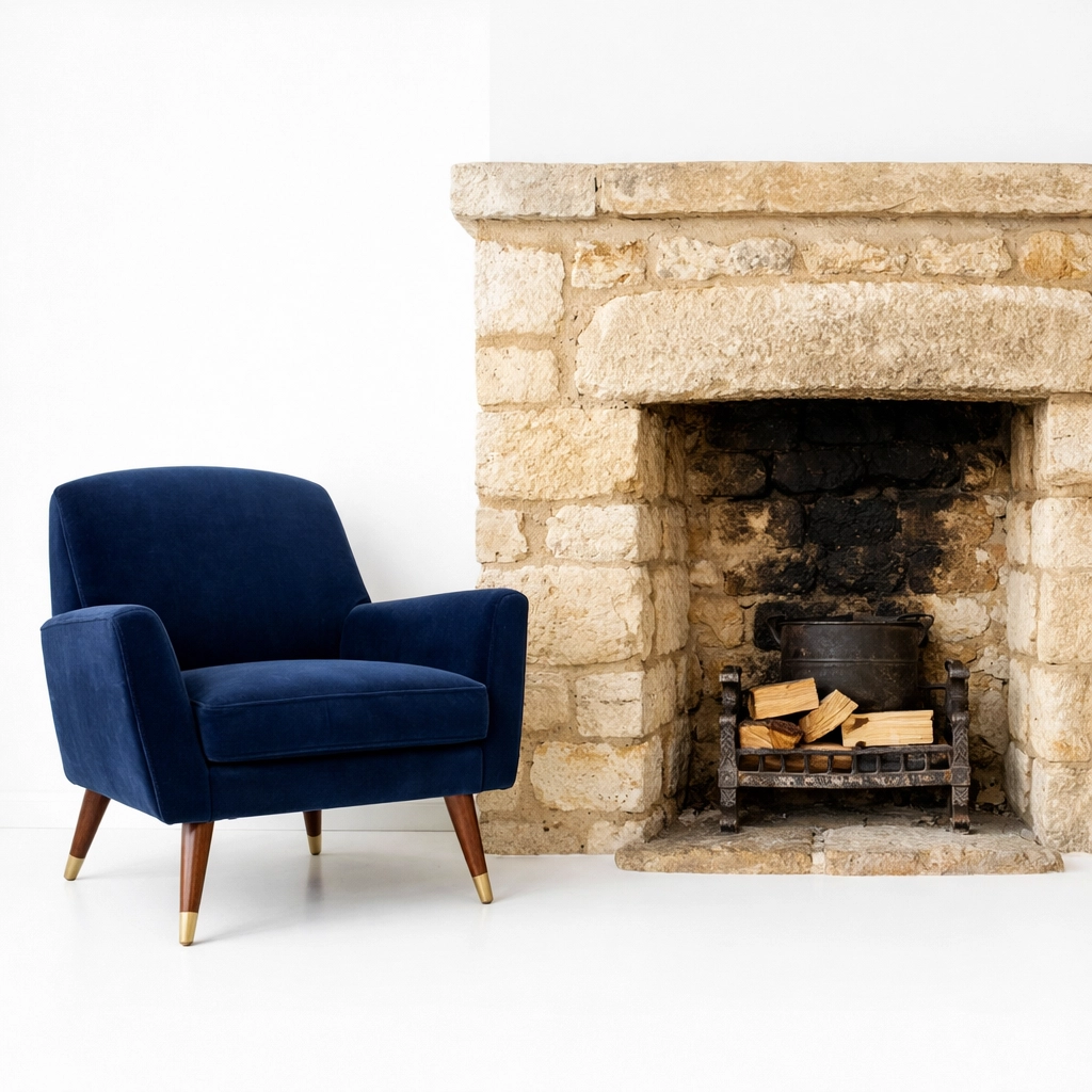 Navy blue modern armchair next to a traditional Cotswold stone fireplace in a period home.