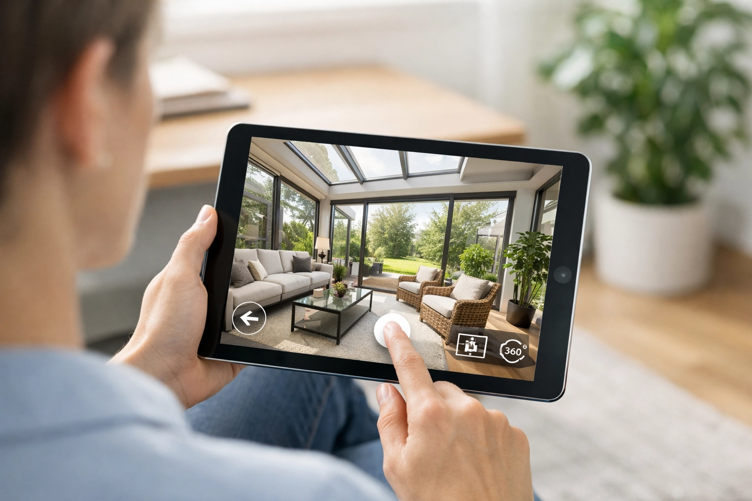 Buyer using a tablet for virtual tours of homes for sale in the NC Triangle and Triad. Buyer using a tablet for virtual tours of homes for sale in the NC Triangle and Triad.