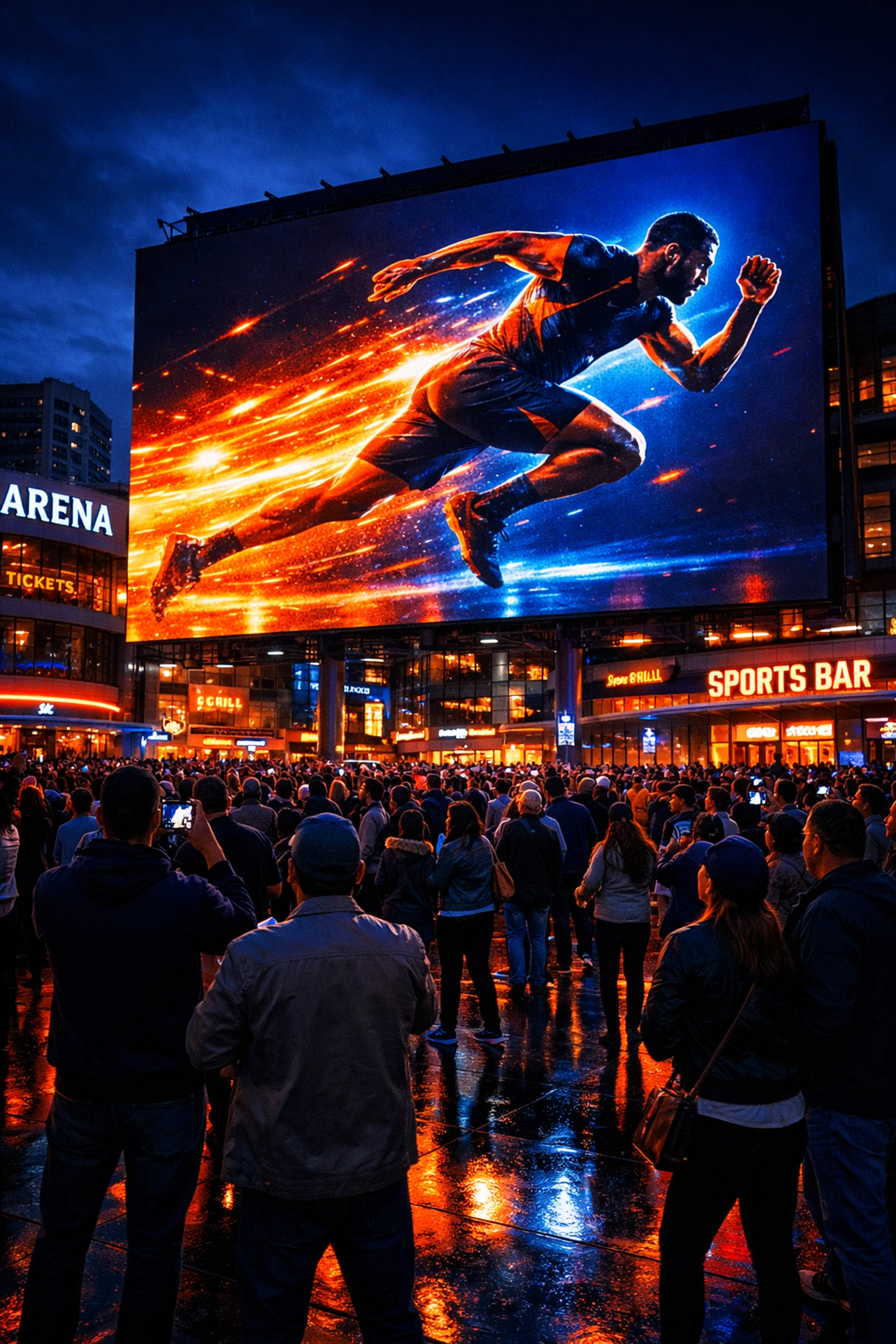 Large digital billboard with athlete branding in a city center during a Super Bowl 2026 marketing blitz.