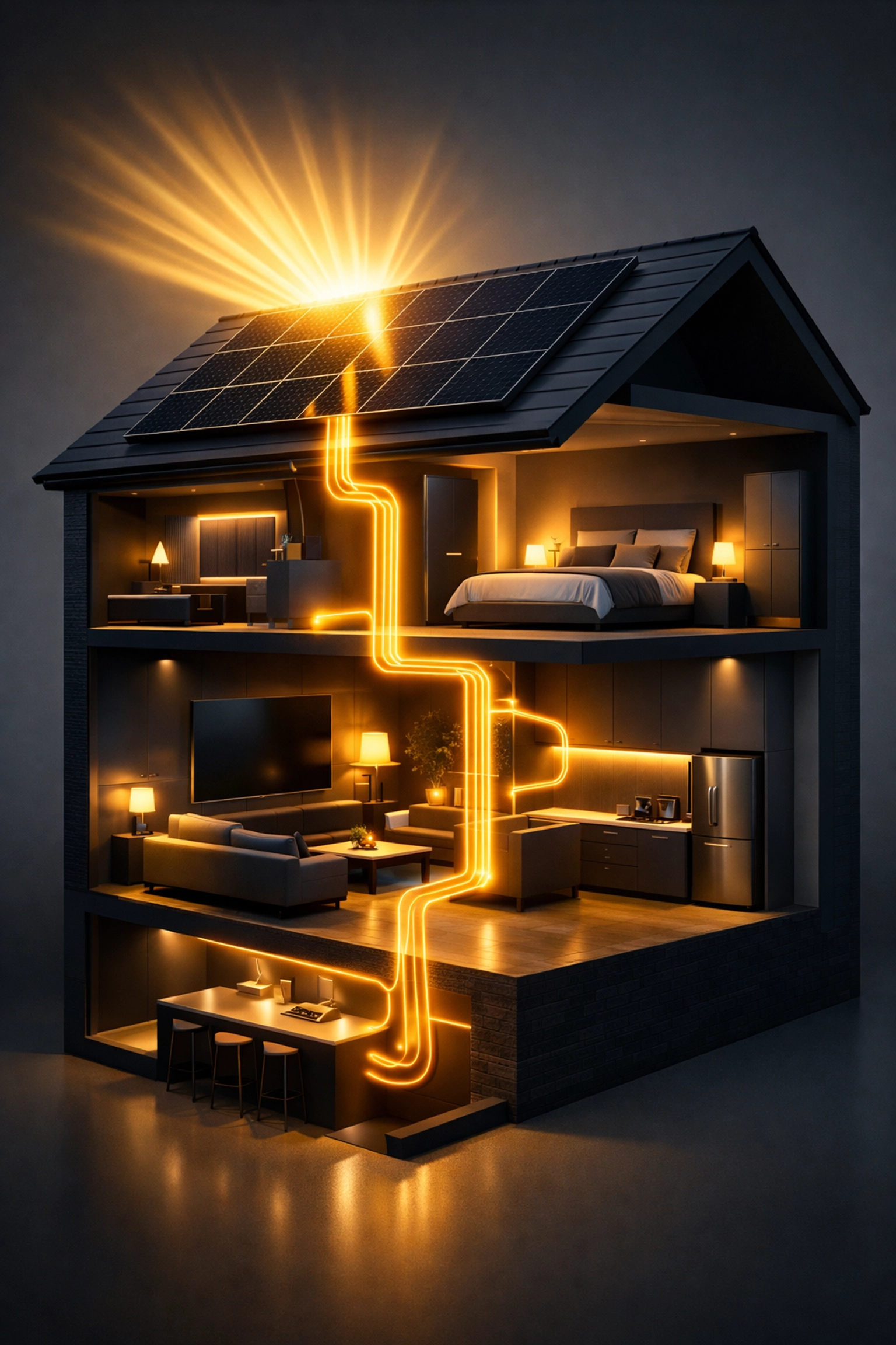 Solar energy flowing from rooftop panels through different rooms of a British home