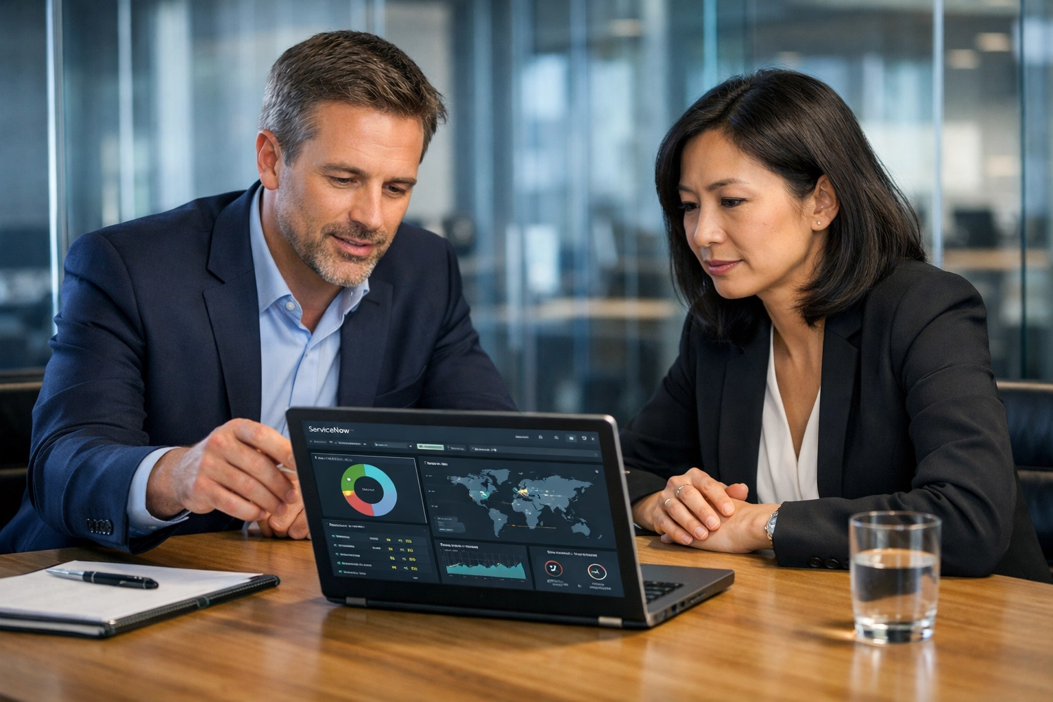 ServiceNow consulting services expert discussing ITOM strategic planning and AI ROI with a corporate client.