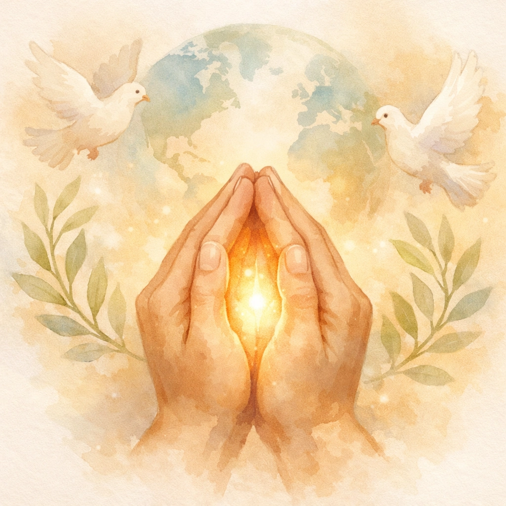 Praying hands with peaceful imagery symbolizing hope and intercession for world events
