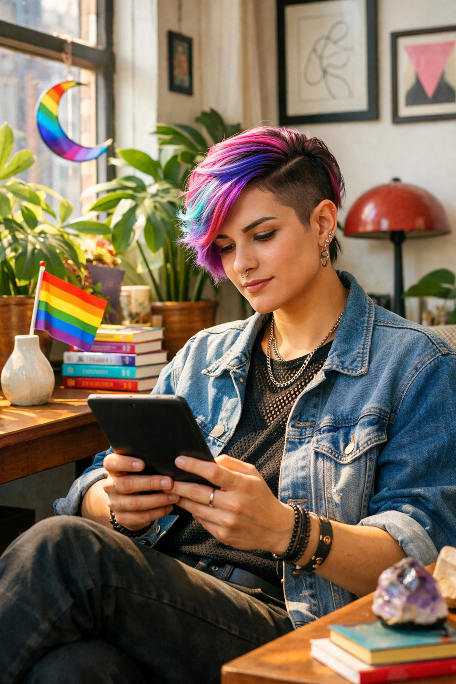 A modern non-binary reader enjoying an LGBTQ+ ebook in a bright apartment, reflecting contemporary queer life.