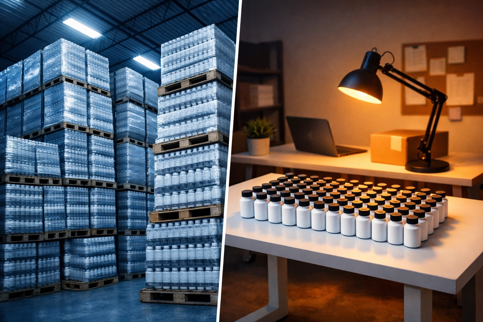 Comparison of high MOQ warehouse inventory versus low 144-bottle minimum order for supplement startups