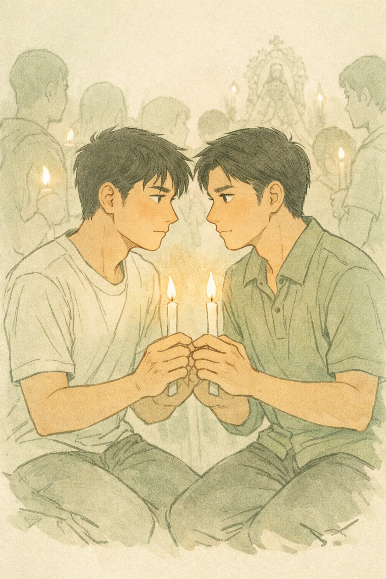 Gay couple at Catholic procession in Philippines - faith and love MM romance theme