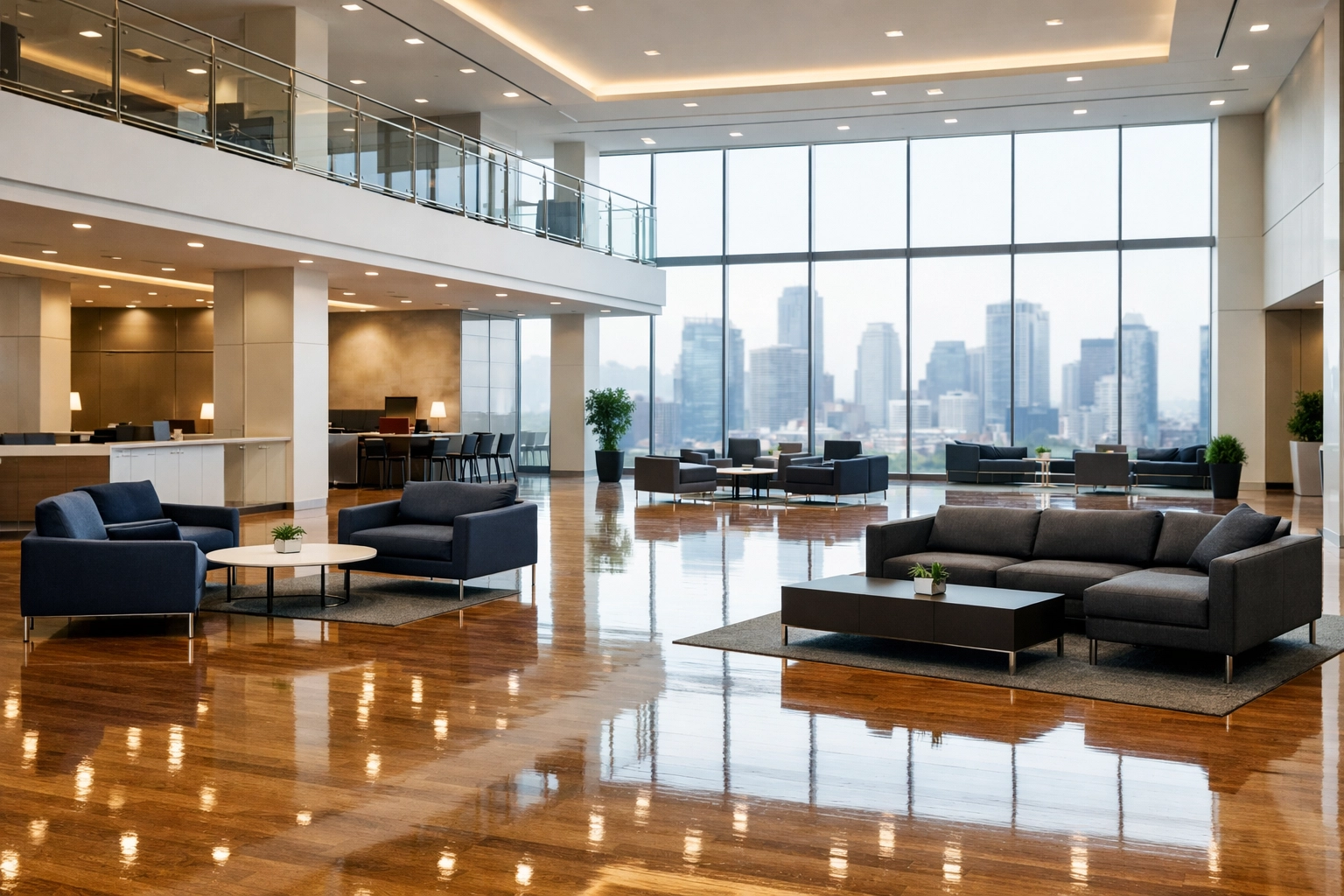 Polished corporate office atrium in Indianapolis showing professional commercial cleaning and property management.