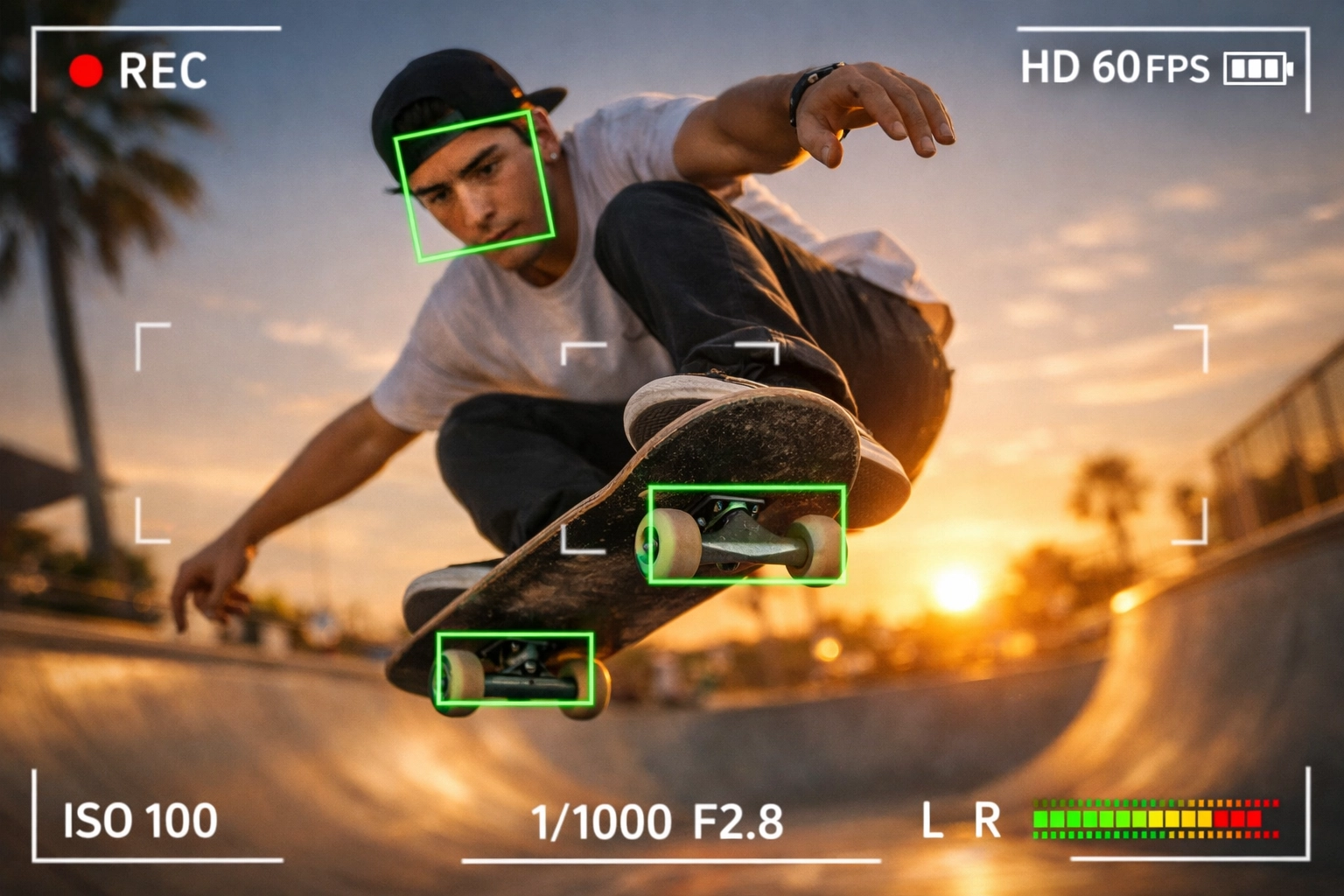 AI viewfinder tracking a skateboarder, showing how AI photography news simplifies technical skills for tutorials.